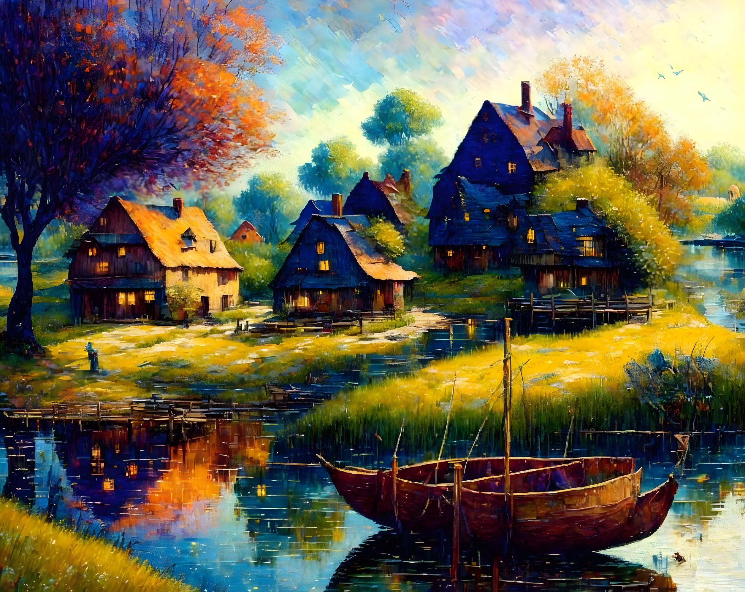 Rustic lakeside village painting at sunset