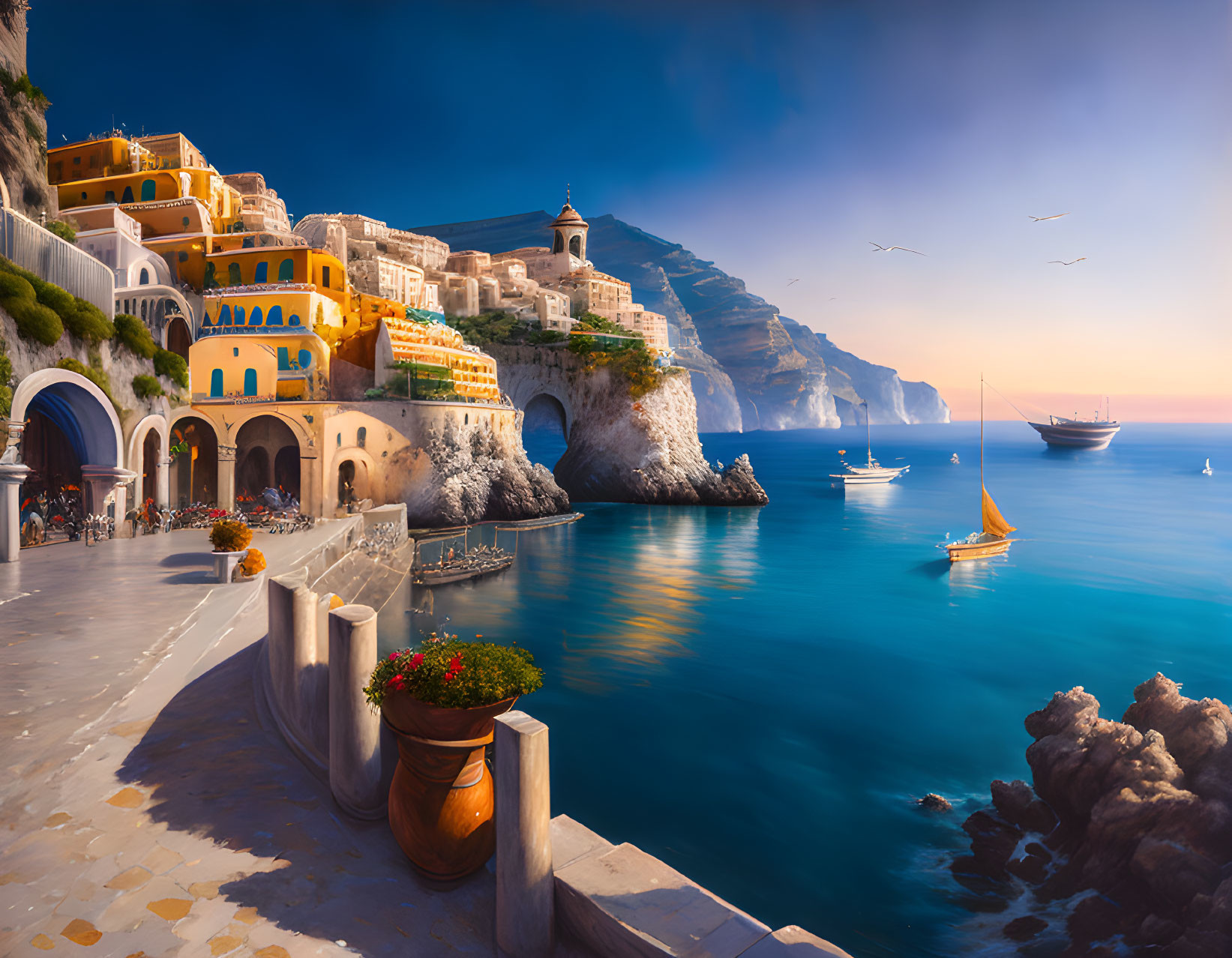 Colorful Coastal Village: Clifftop Buildings, Blue Sea, Boats, Clear Sky