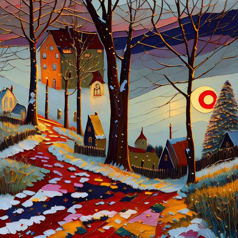 Vibrant winter village scene with snow, warm light, trees, and moon