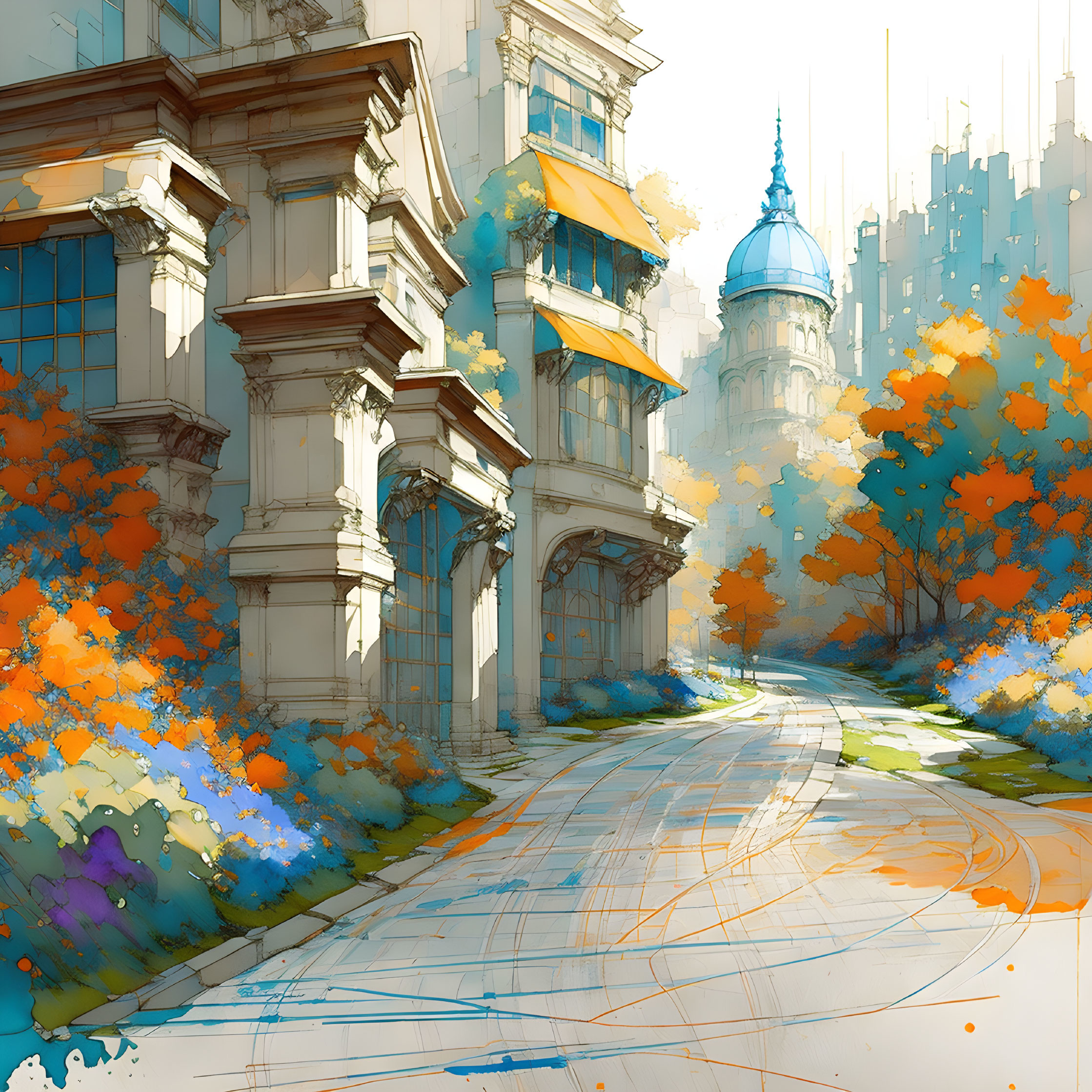 Digital artwork: Vibrant street scene with autumn trees & classical architecture