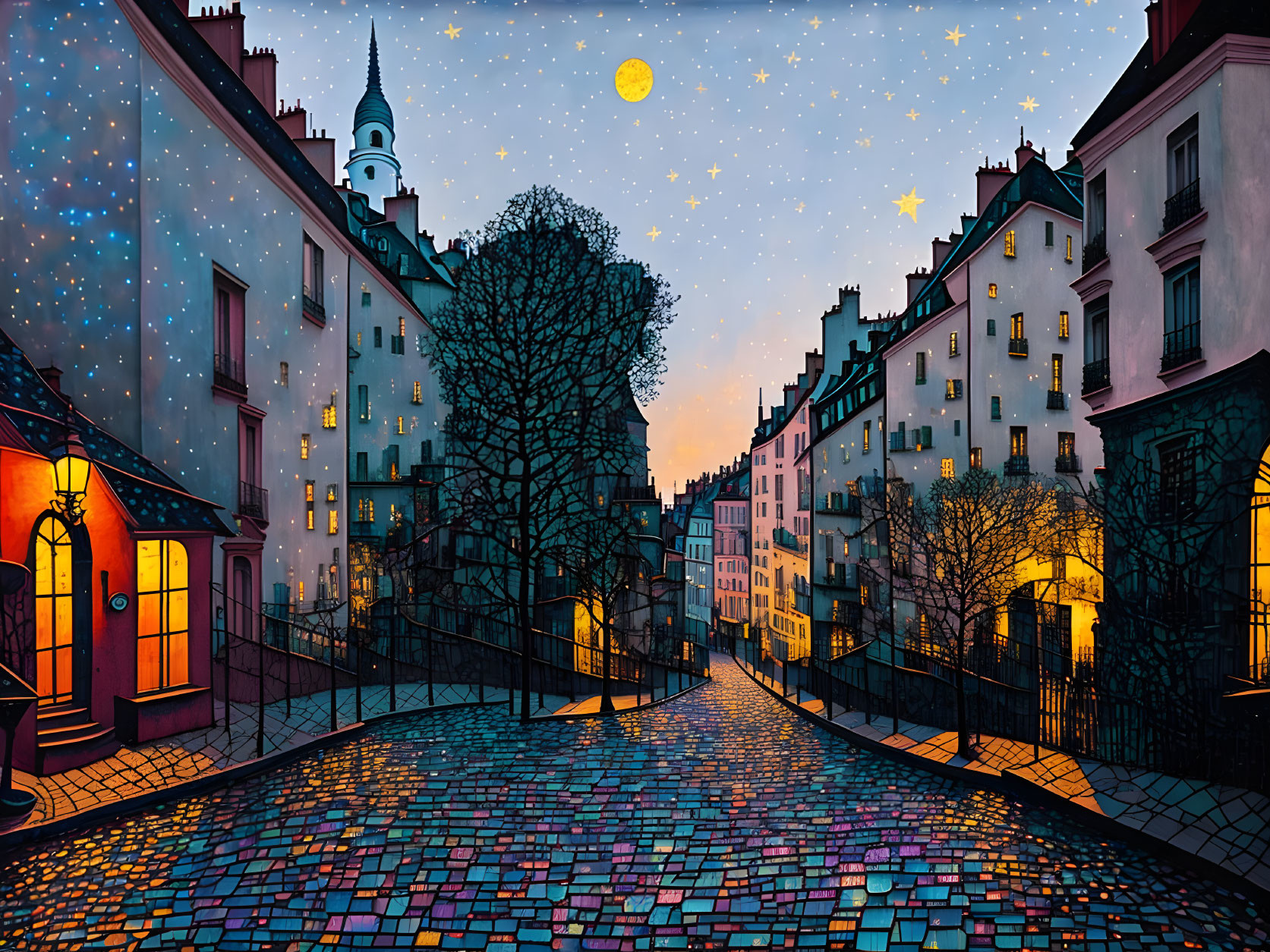 Quaint cobblestone street at night with church spire and crescent moon