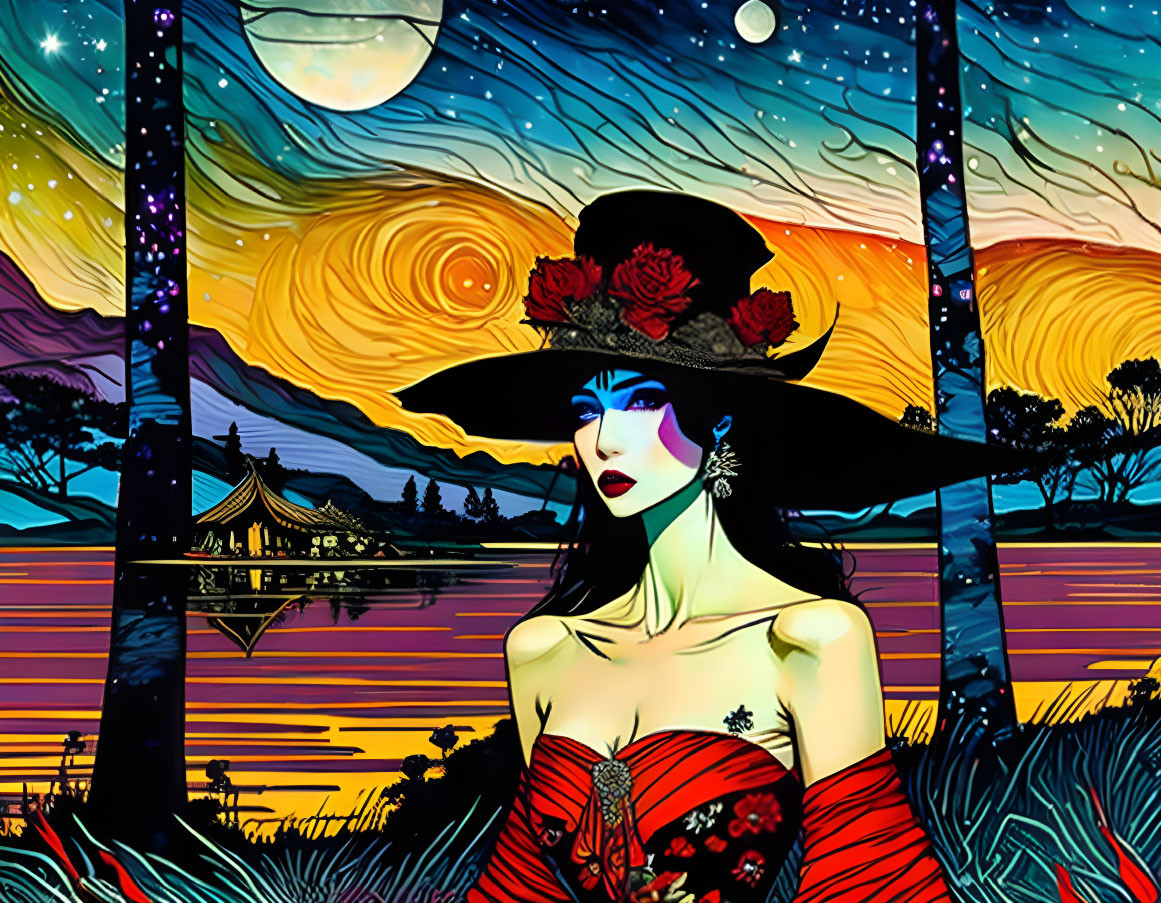 Stylized illustration of woman with blue skin and red flowers in hat against colorful background with moon,