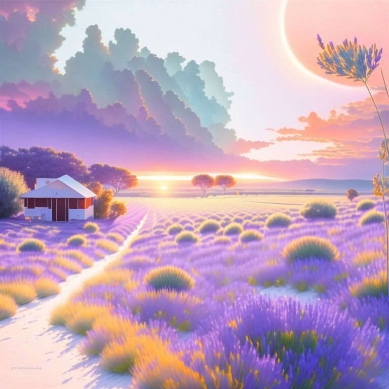 Serene Lavender Field Sunset with Moon and House