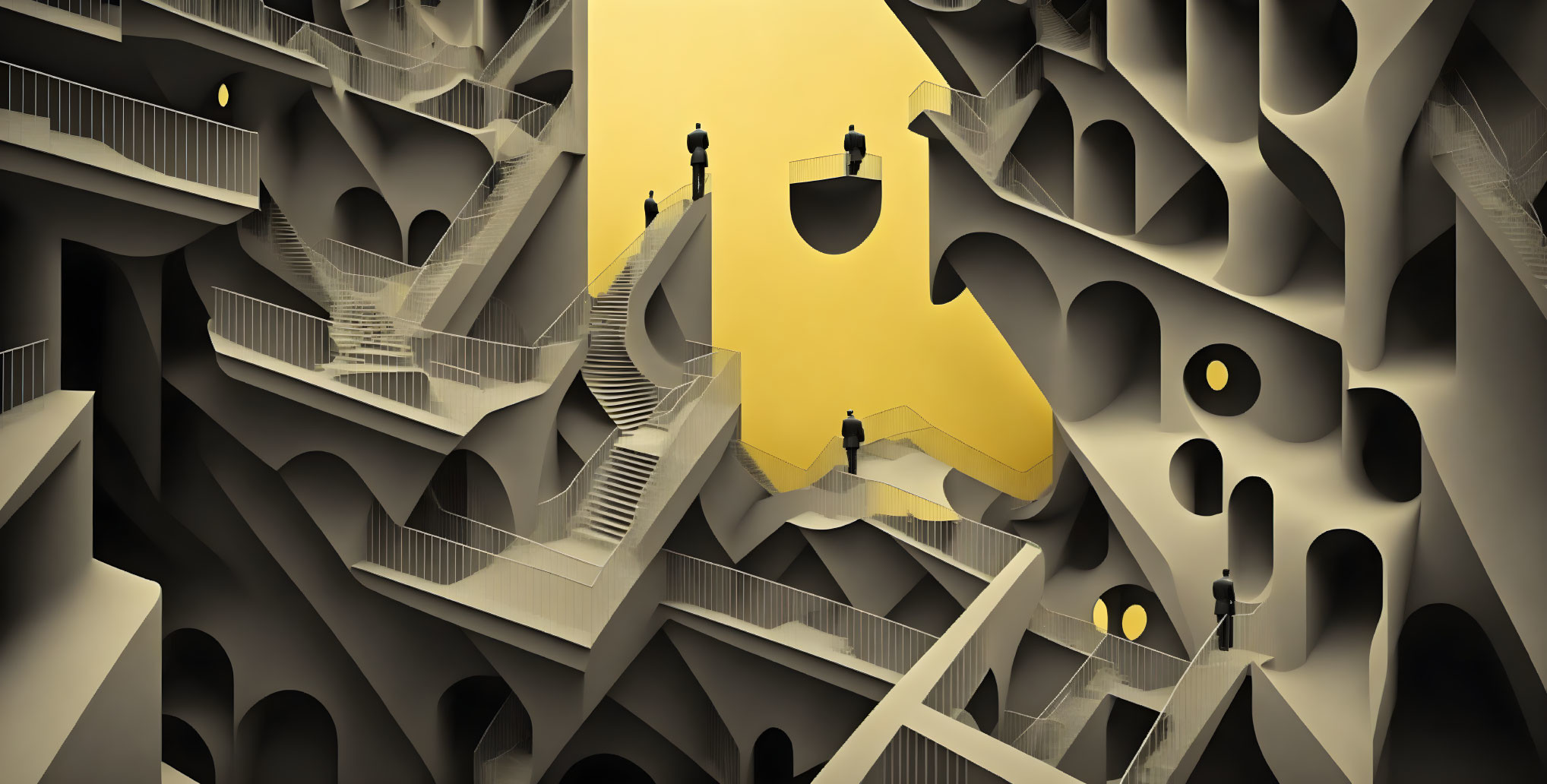 Abstract Monochromatic Illustration: Impossible Staircases, Yellow Accents, Silhouetted