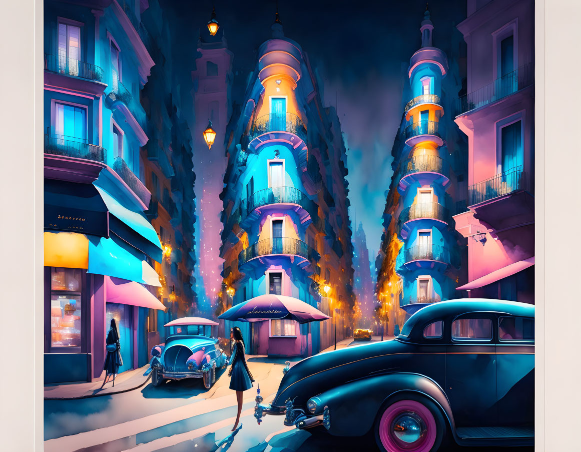 Fantastical street scene at twilight with whimsical towers, woman, dog, vintage cars, and