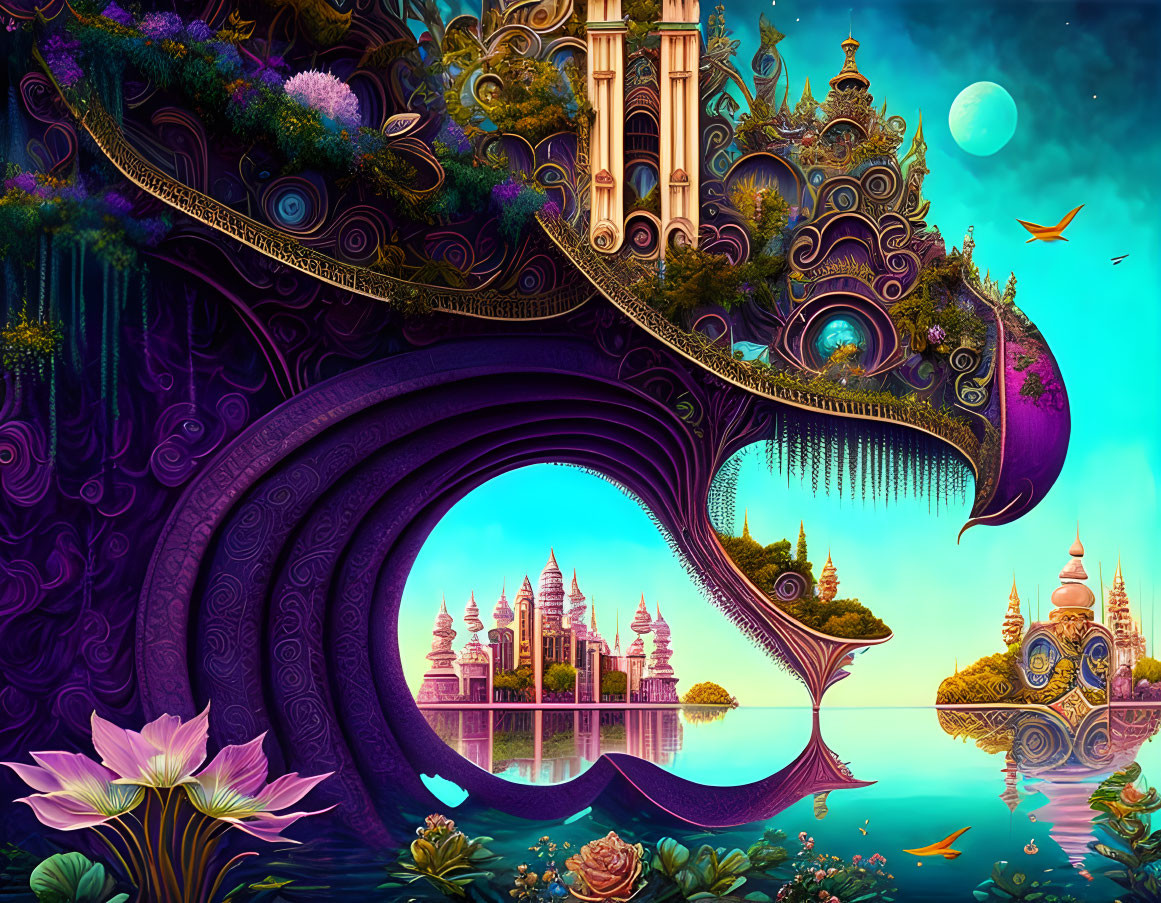 Fantastical Moonlit Landscape with Surreal Structures and Birds