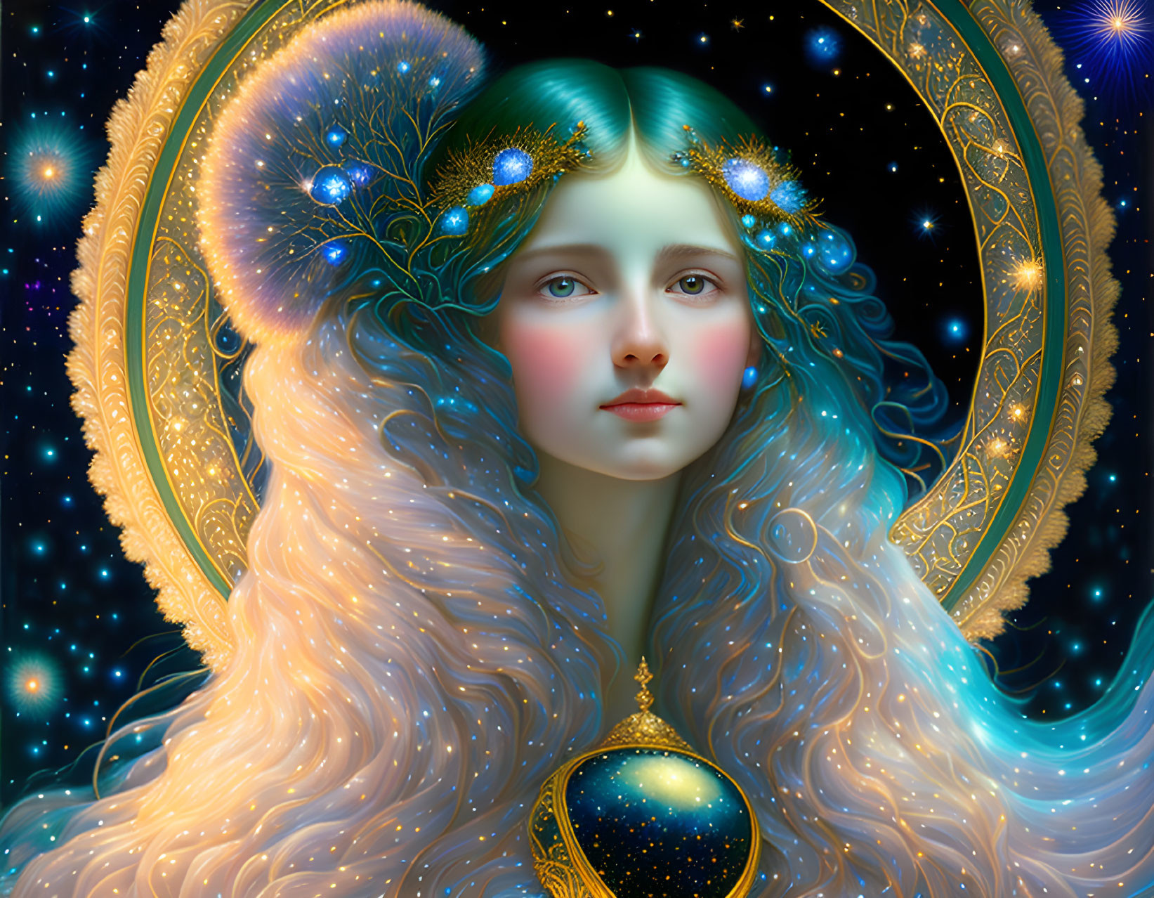 Portrait of woman with golden hair and celestial halo against starry backdrop