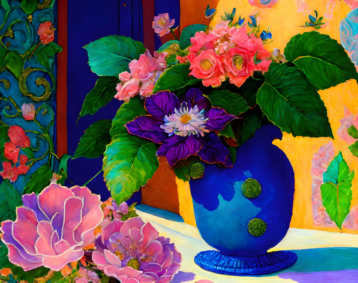 Colorful painting of pink flowers in blue vase on abstract background