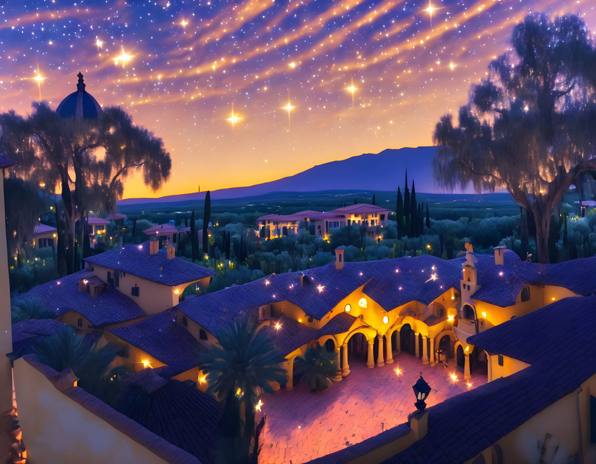 Twilight scene: Villa with warm lighting under starry sky