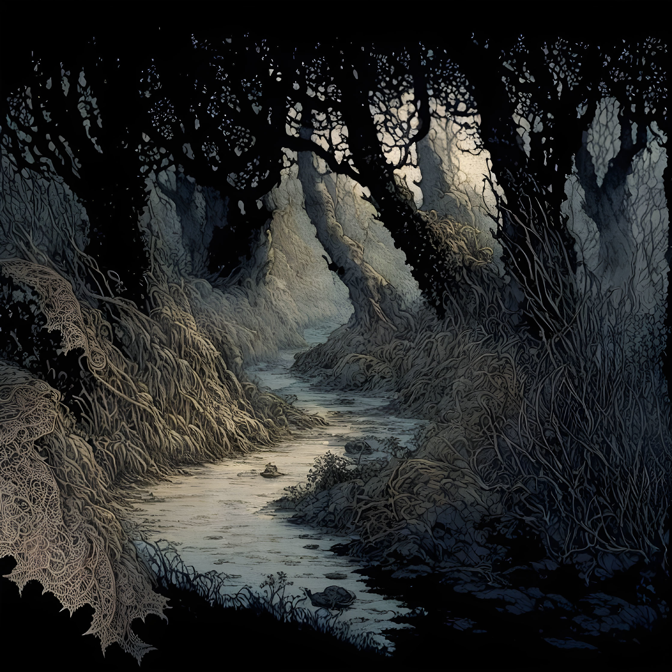 Dark forest illustration with gnarled trees, river, and moonlit sky