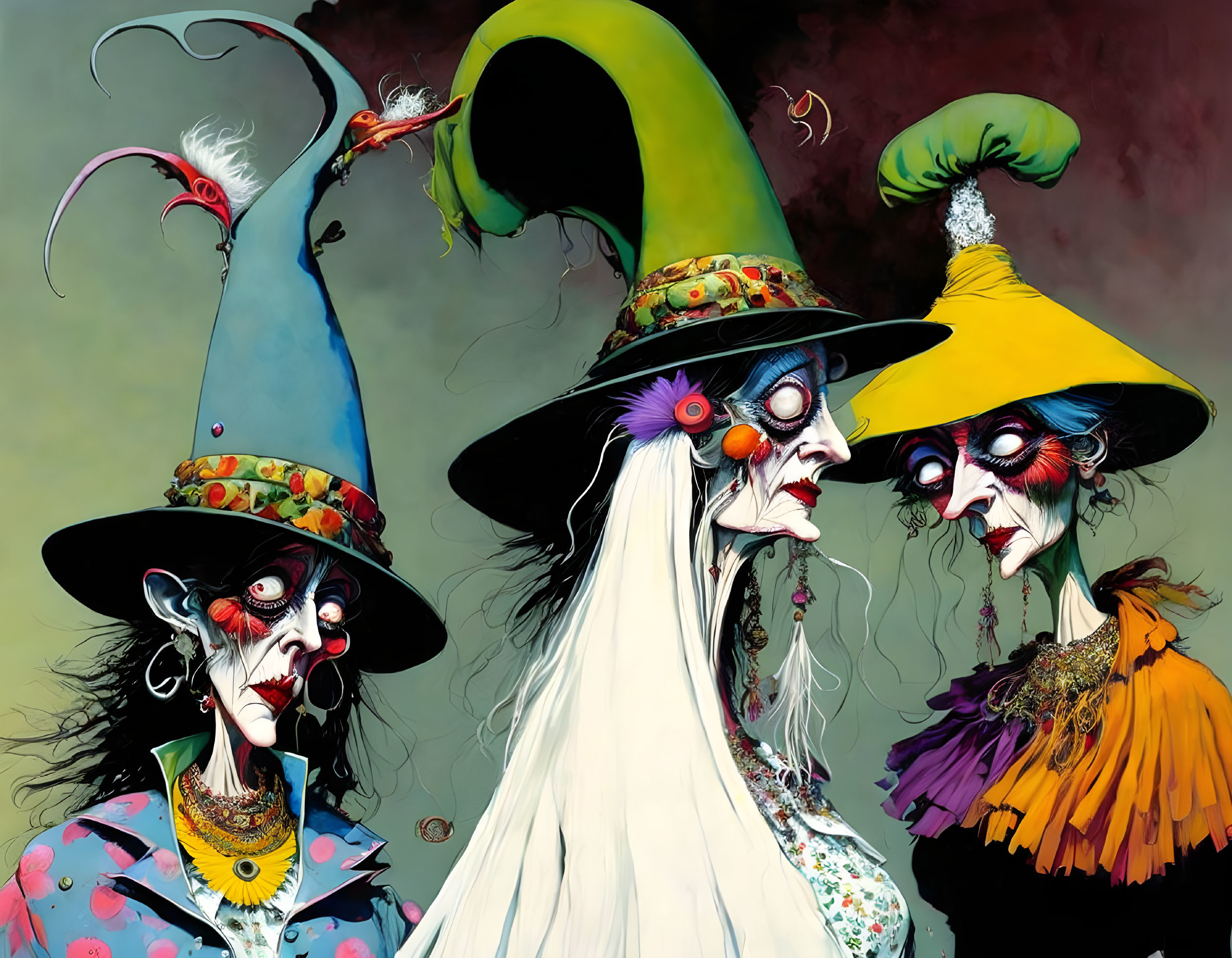 Colorful Stylized Witches in Whimsical Hats and Clothing