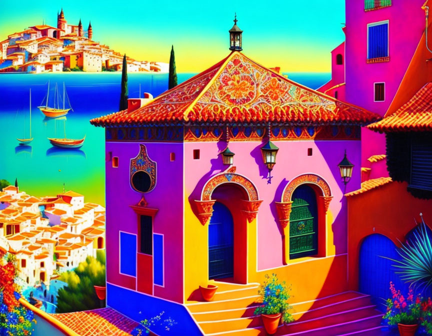 Colorful Coastal Scenery with Vibrant Buildings and Sailboats