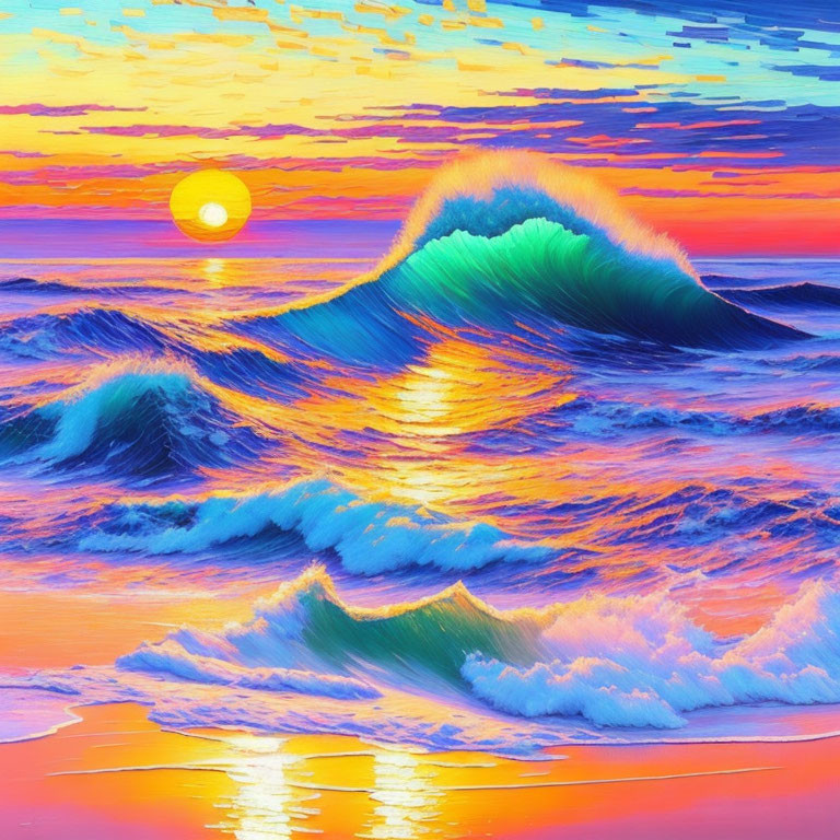 Colorful Digital Artwork: Sunset Wave with Pixelated Sky