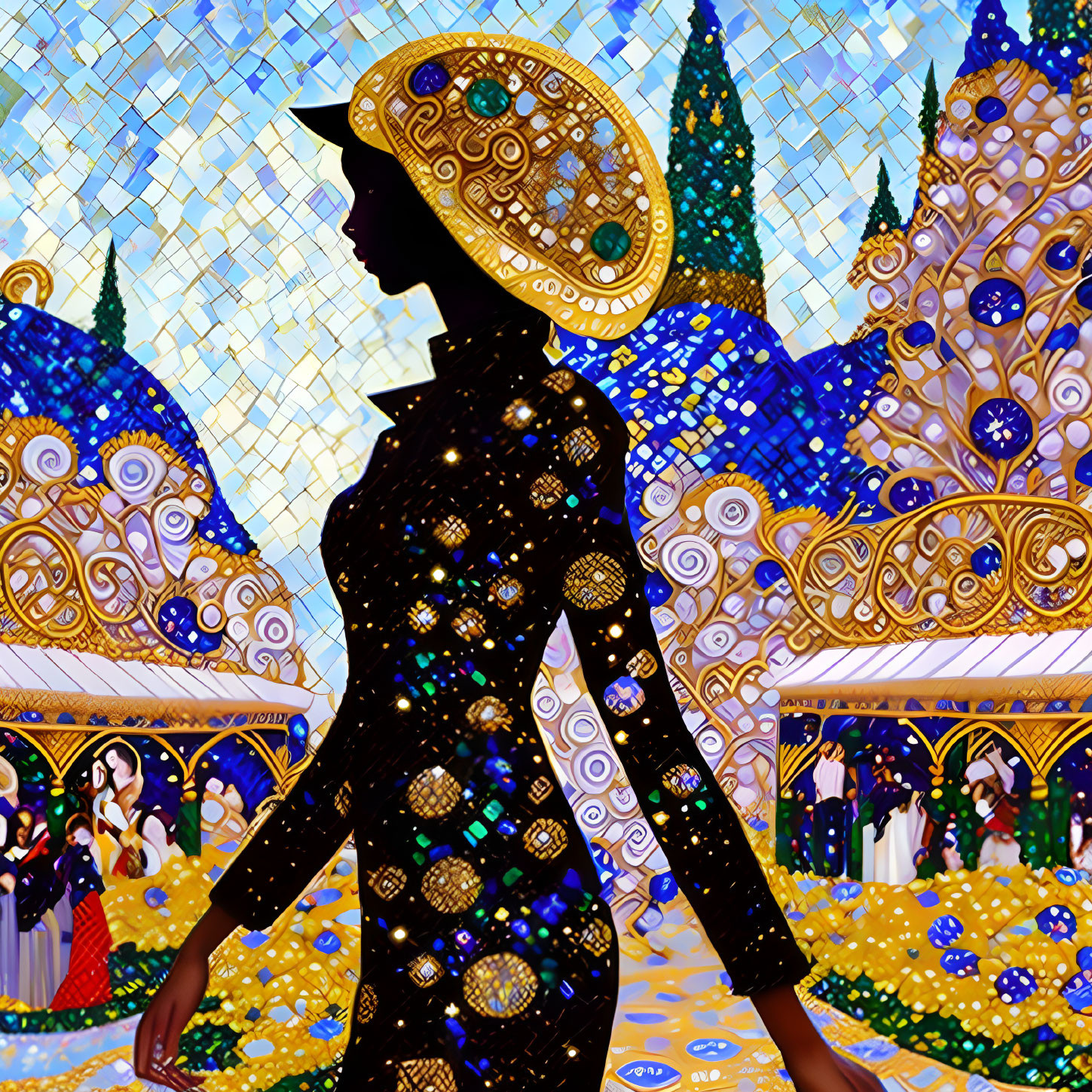 Silhouette with Starry Patterns on Vibrant Mosaic Background