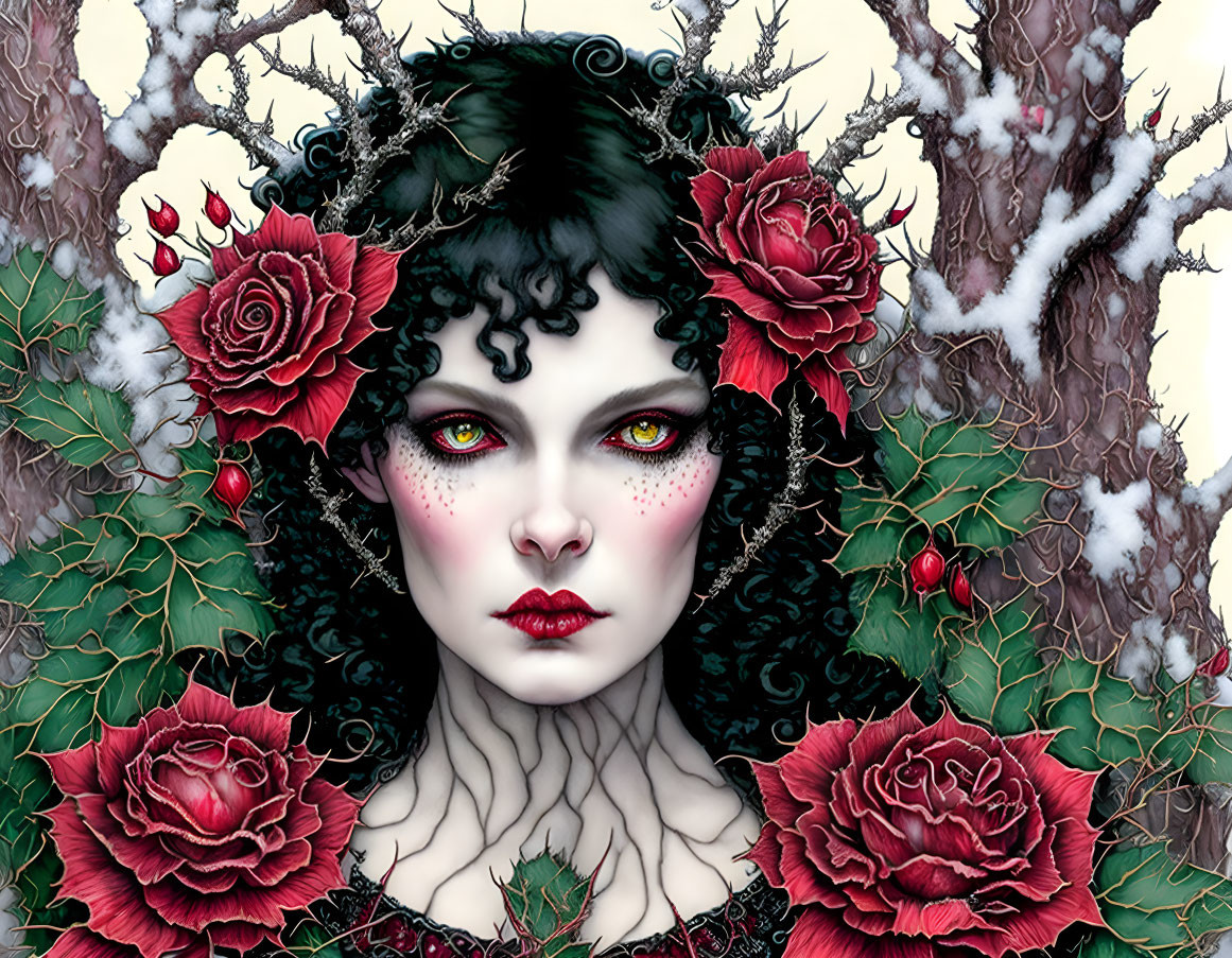 Woman with Red Eyes and Black Hair Adorned with Roses in Gothic Illustration