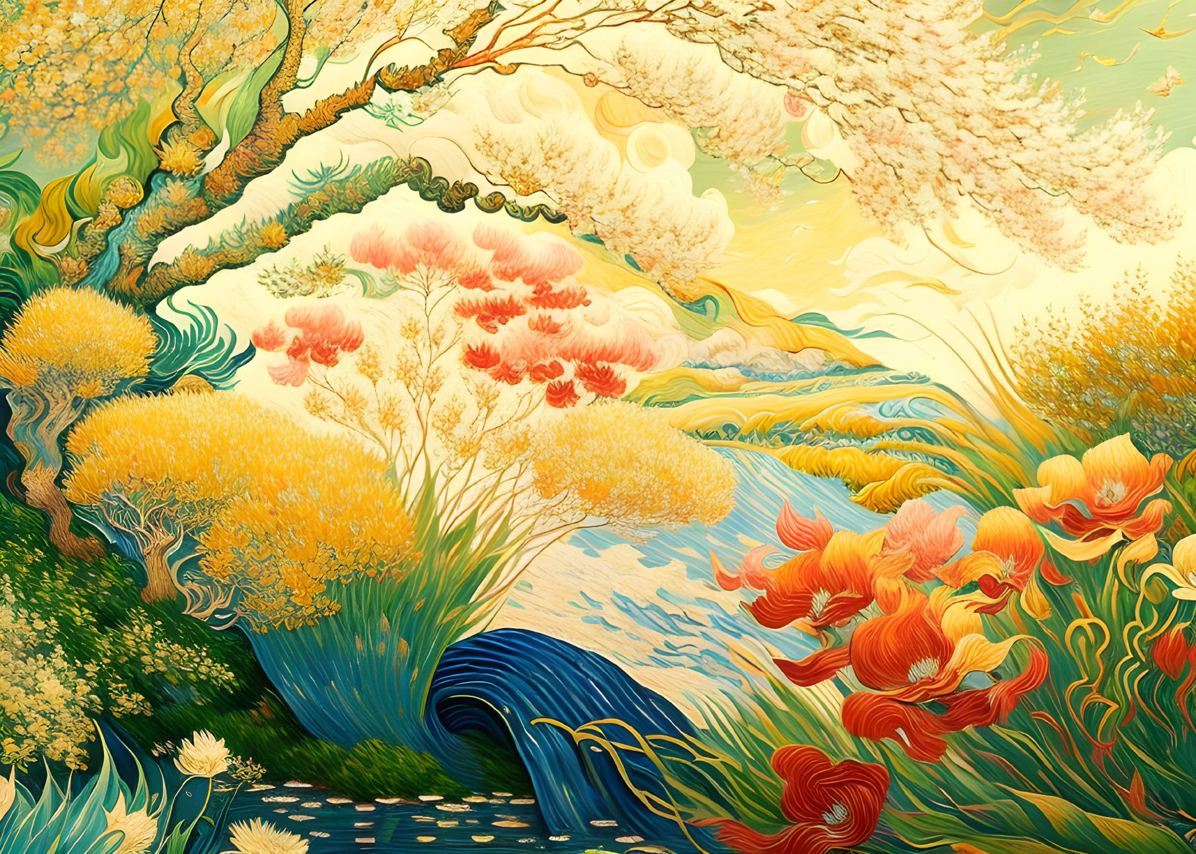 Colorful landscape painting with swirling trees and flowing water