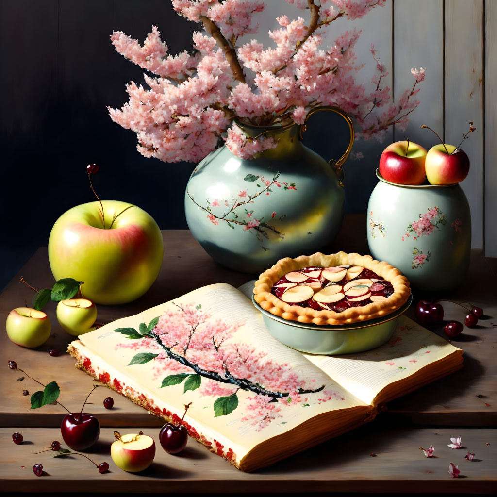 Realistic Still Life Painting with Cherry Blossoms, Apples, Book, and Tart