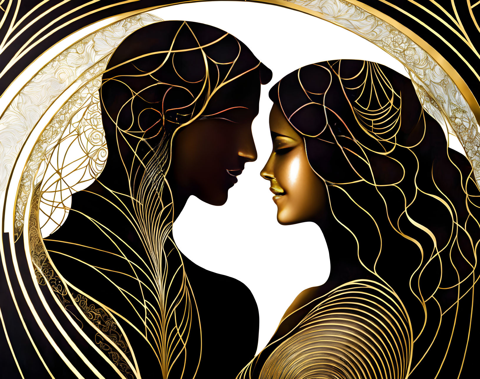 Silhouetted faces in profile with golden patterns on black background