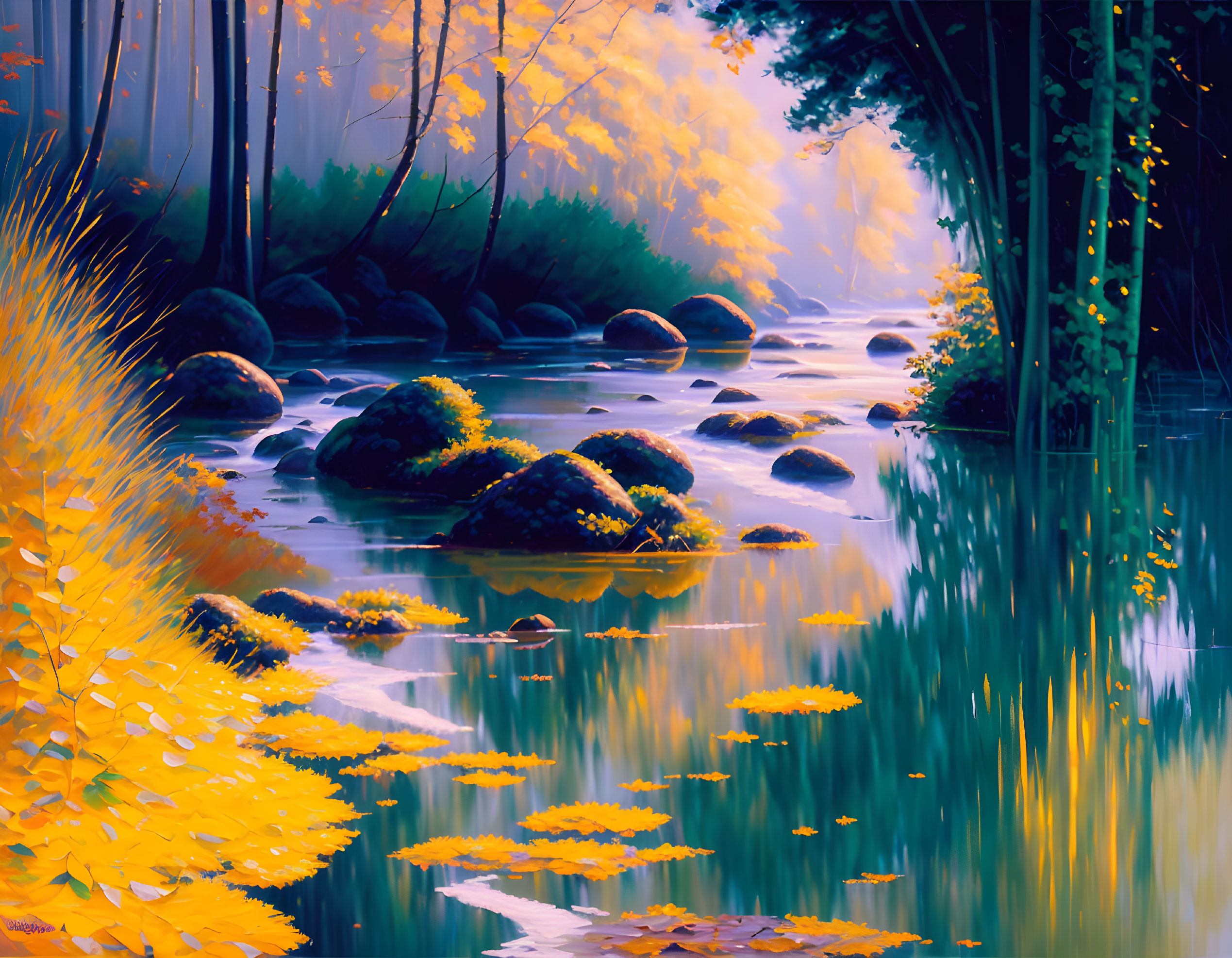 Tranquil forest scene with stream and vibrant yellow leaves