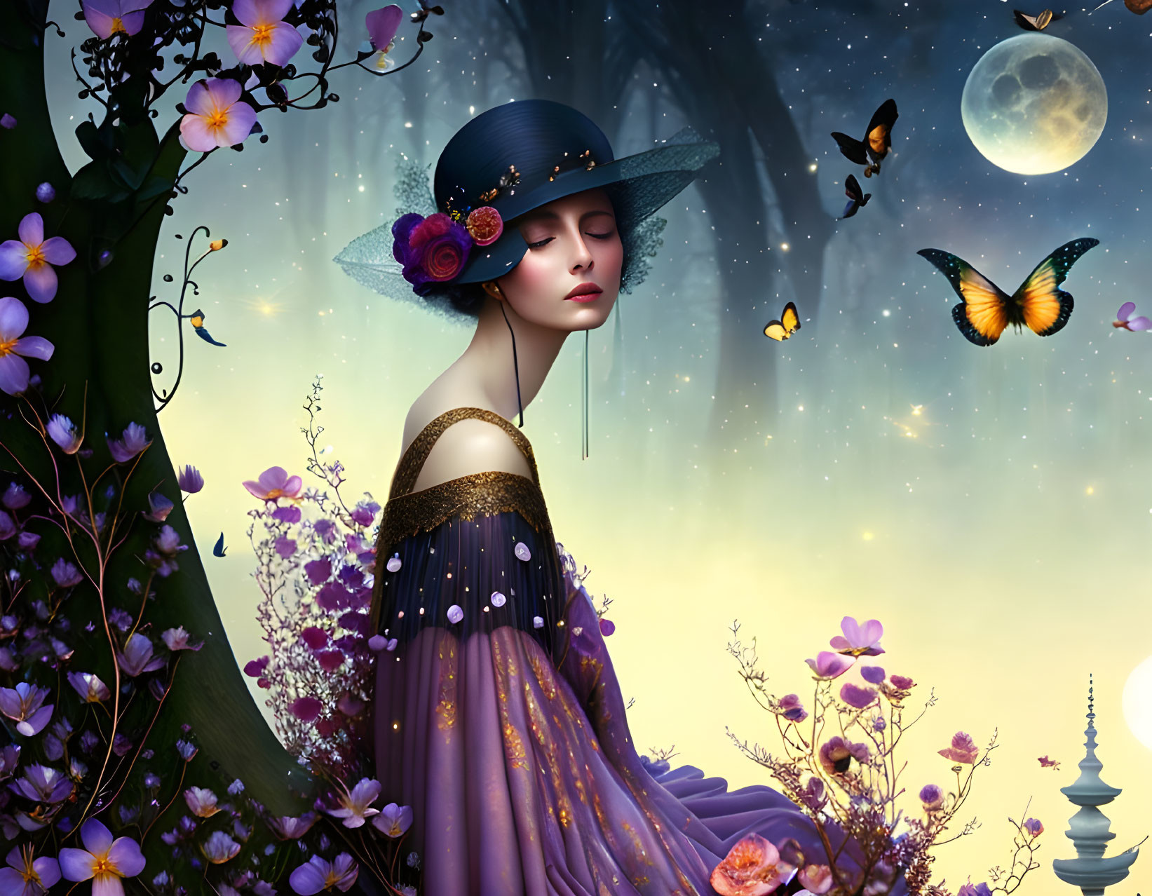 Woman in vintage dress and flower hat under starry sky with moon and butterflies