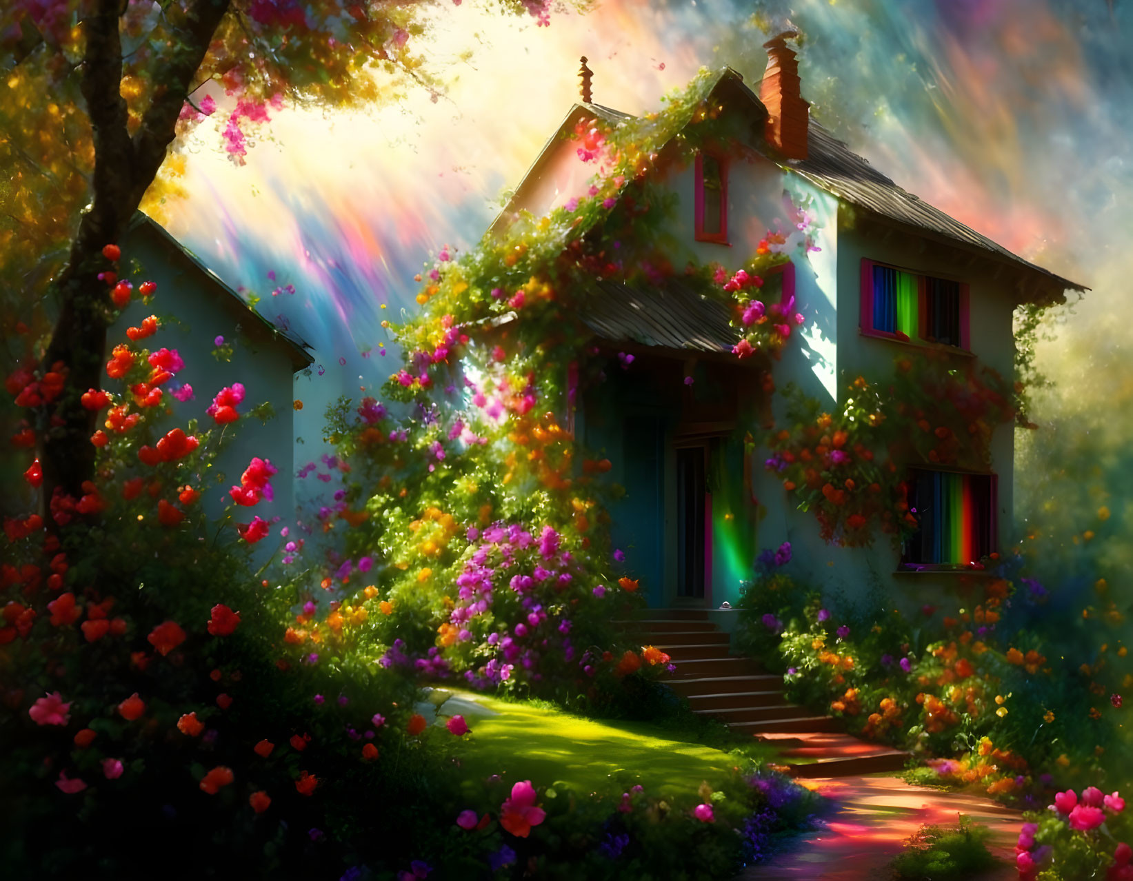 Sunlit House with Vibrant Flowers and Lush Greenery