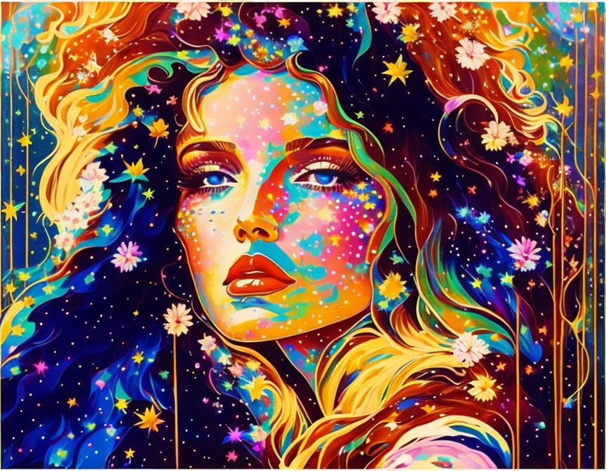 Colorful Psychedelic Portrait of Woman with Cosmic and Floral Elements