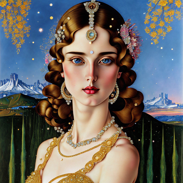 Portrait of Woman with Blue Eyes and Elaborate Hair Jewelry Against Starry Sky