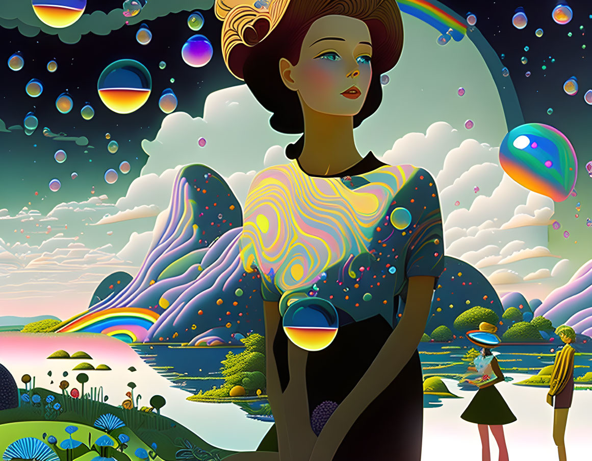 Stylized illustration of a woman in surreal landscape with bubbles and rainbows