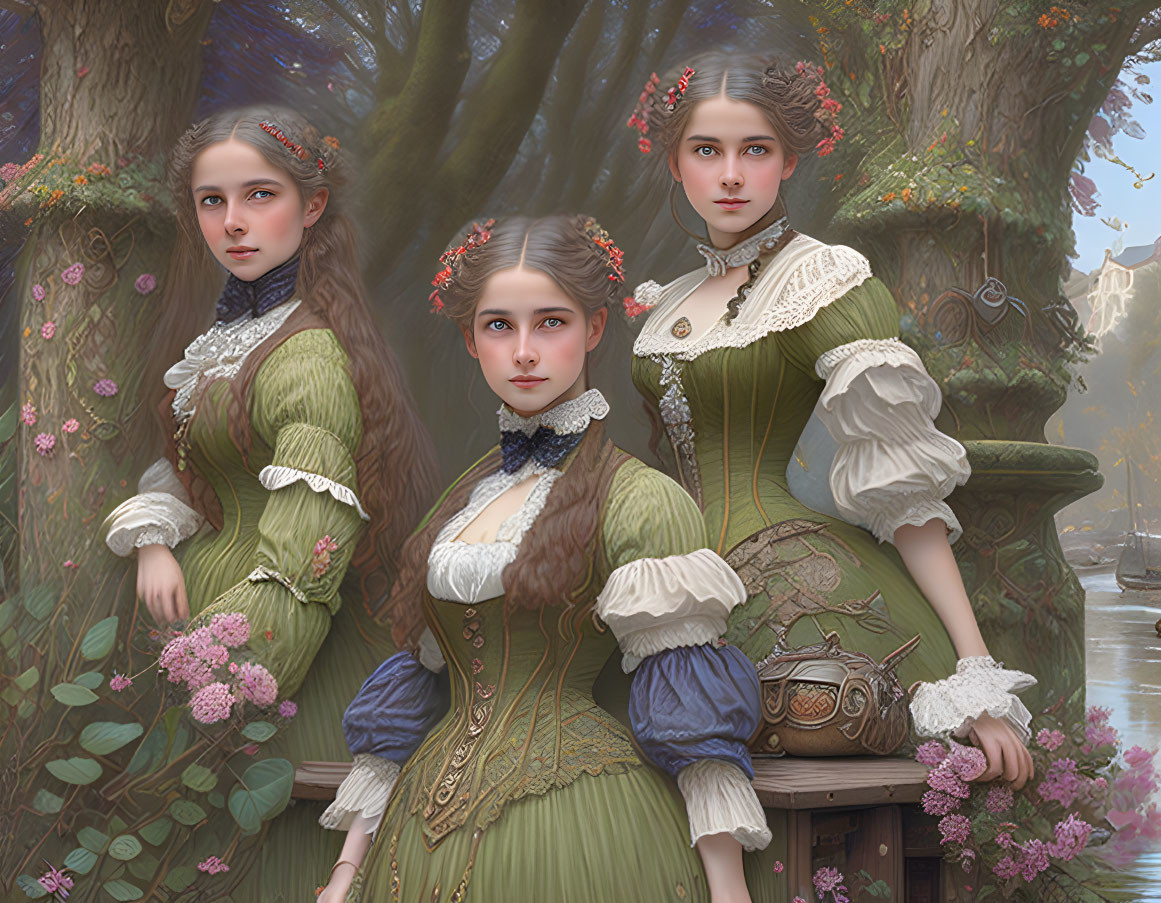 Victorian women with floral hairstyles in serene forest scene