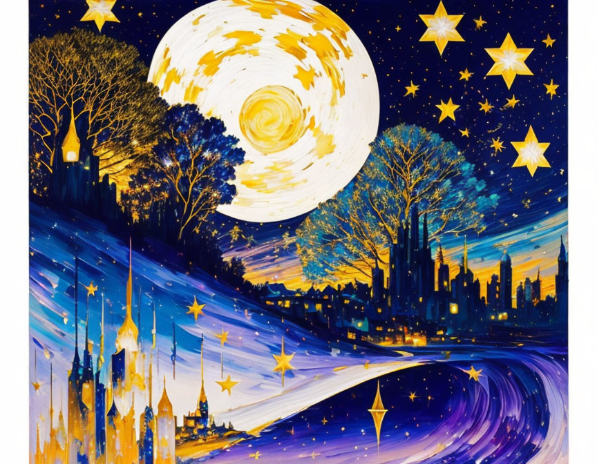 Night sky artwork with moon, stars, cityscape, trees, and river road