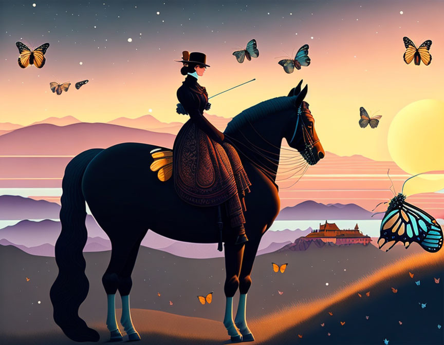 Woman in hat rides horse at sunset with butterflies, mountains, and temple.