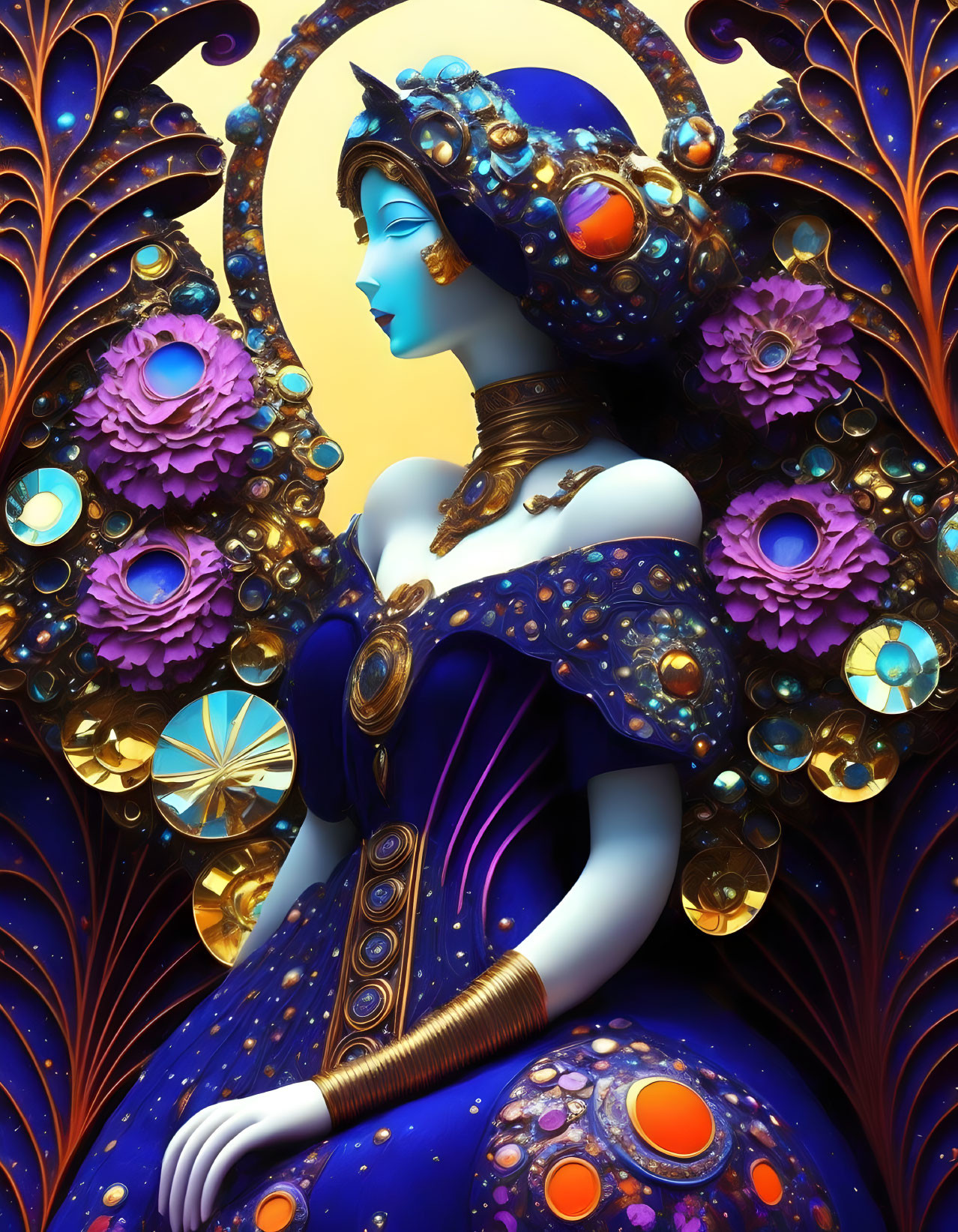 Vibrant digital art of a blue-skinned woman with golden accessories and floral motifs