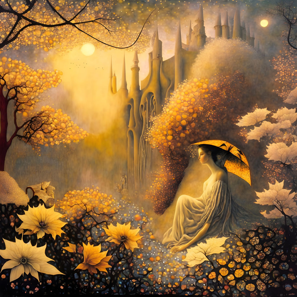 Woman with umbrella in mystical autumn scene among golden foliage and distant castle