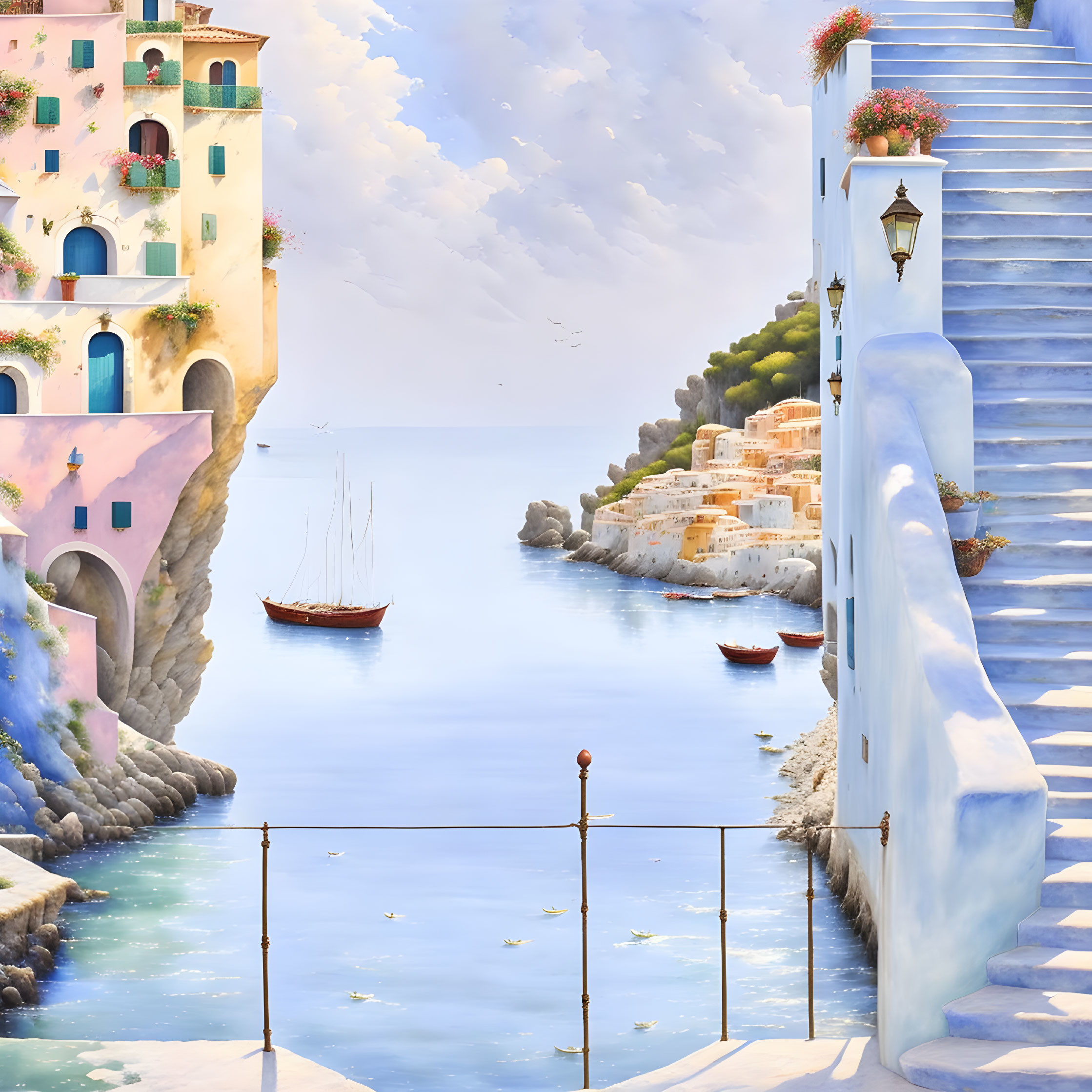 Tranquil coastal village with stairway, boats, and birds