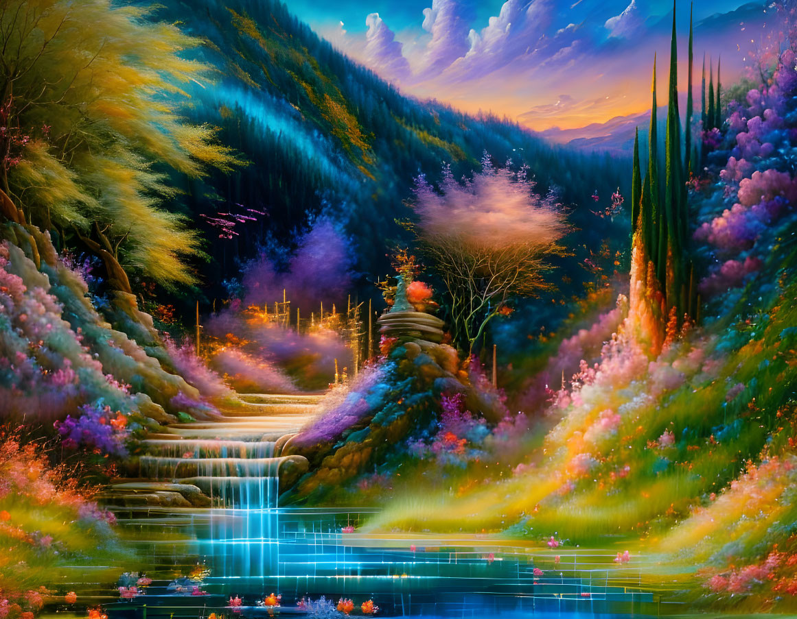 Colorful fantasy landscape with waterfall, glowing paths, and sunset.