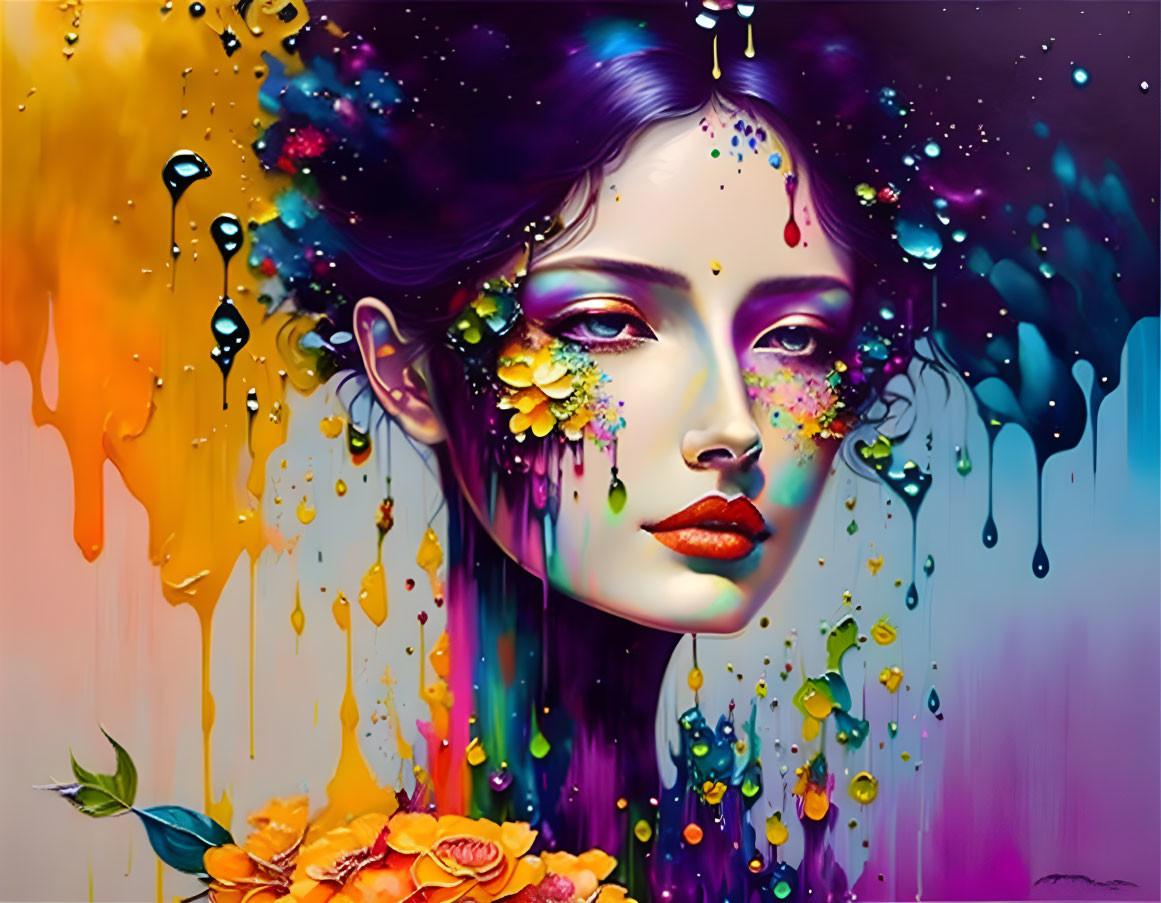 Vibrant digital artwork of woman's face with colorful paint drips and floral elements