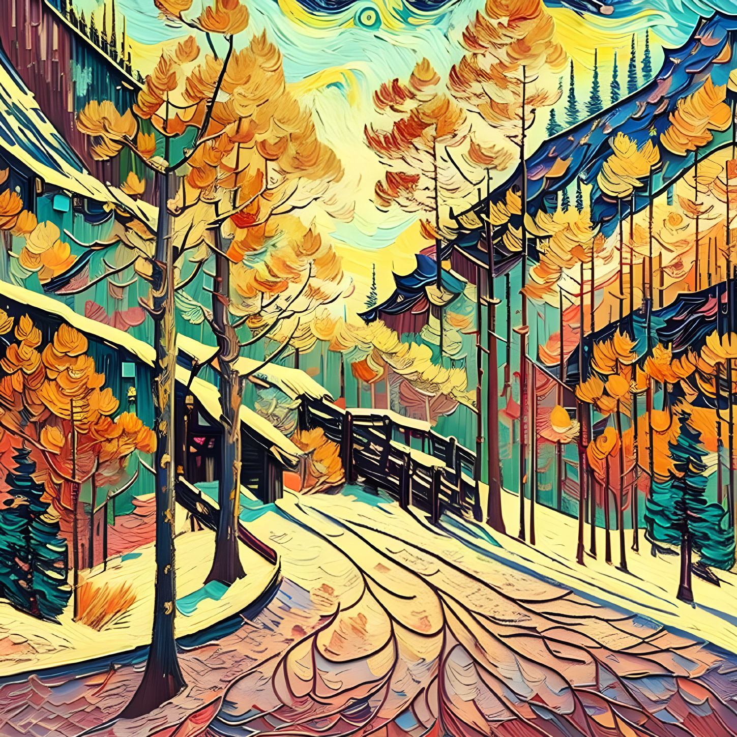 Colorful autumn painting with golden trees, pathway, and traditional buildings.