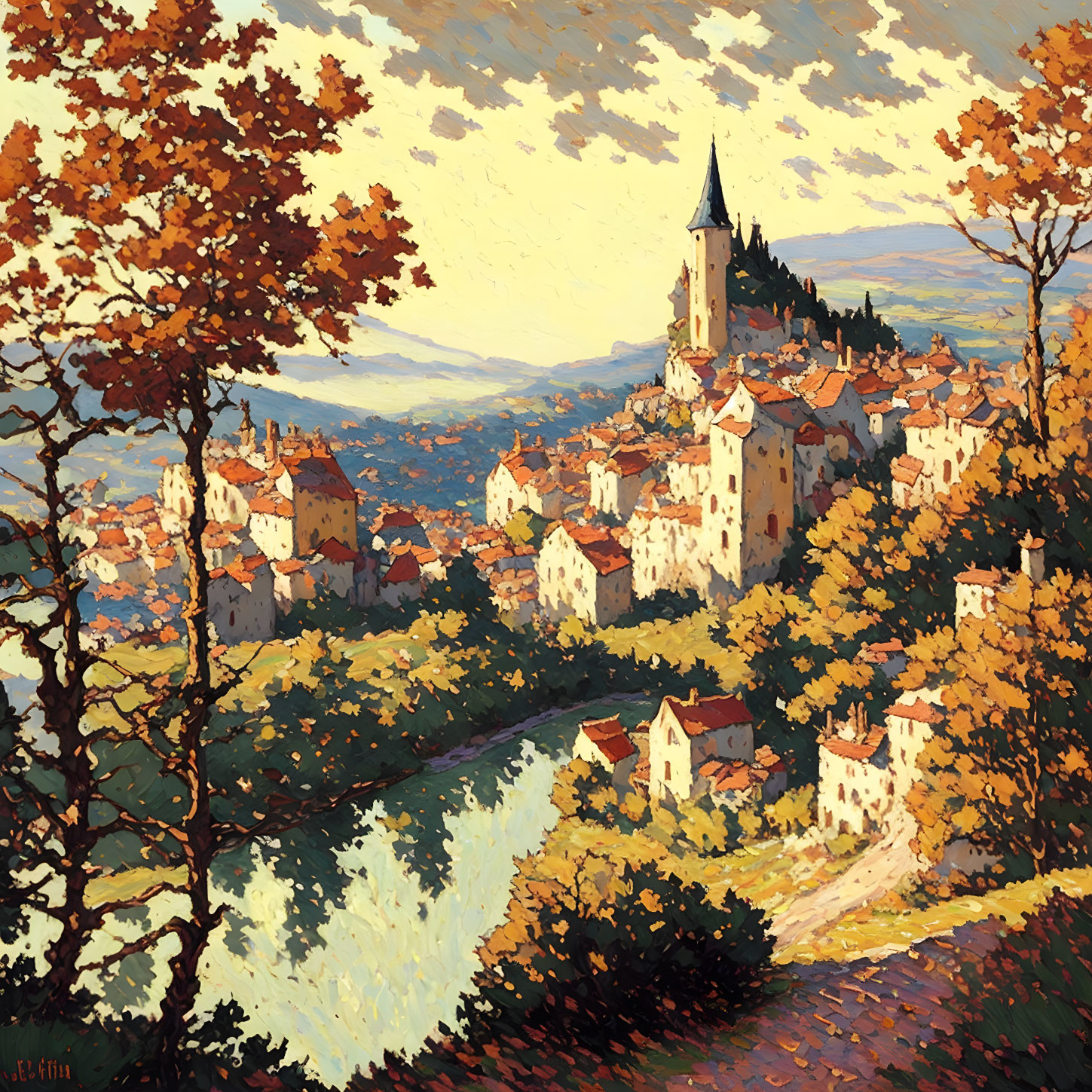 Autumnal landscape painting: village with steeple, trees with golden leaves, river view