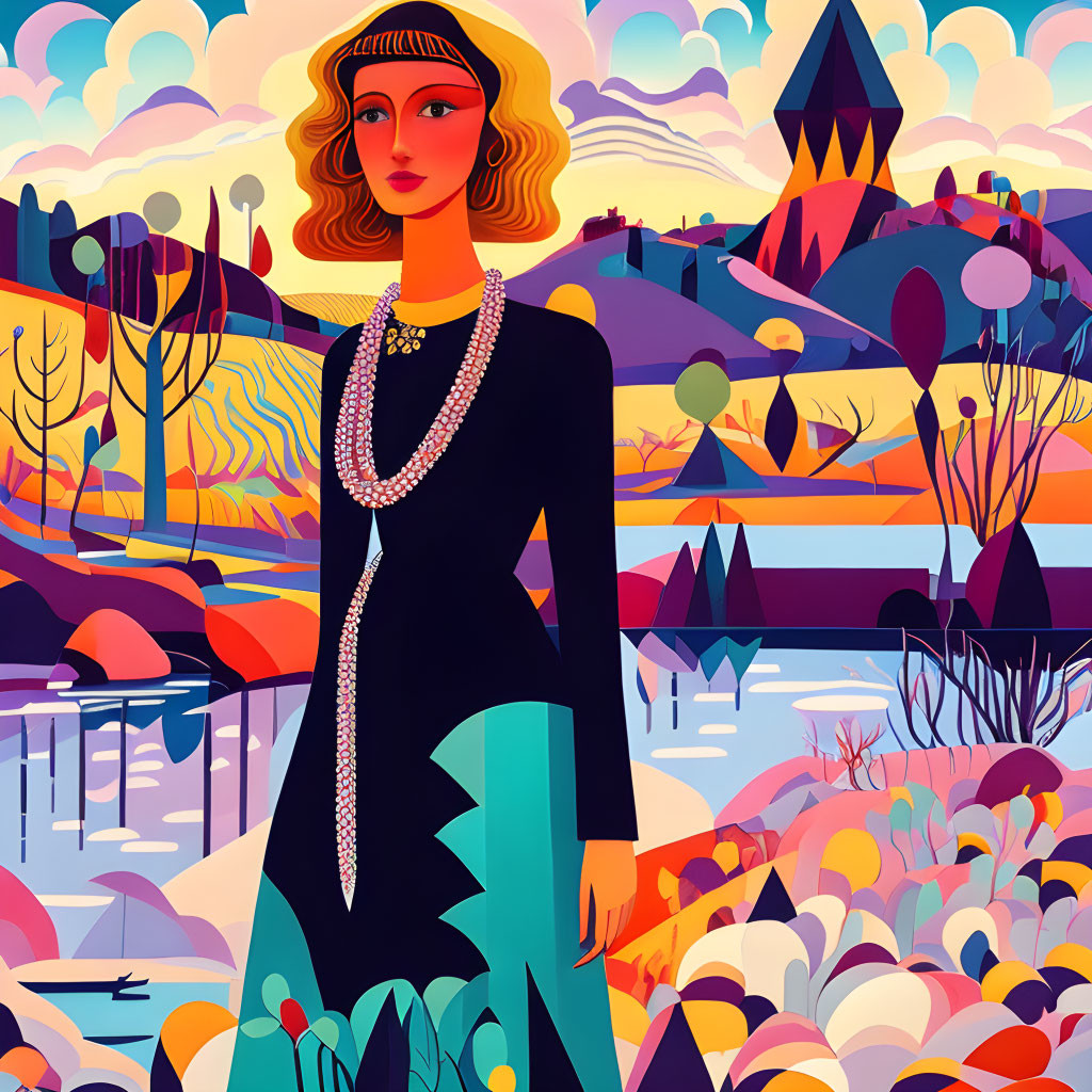 Colorful Landscape with Woman in Long Dress Illustration