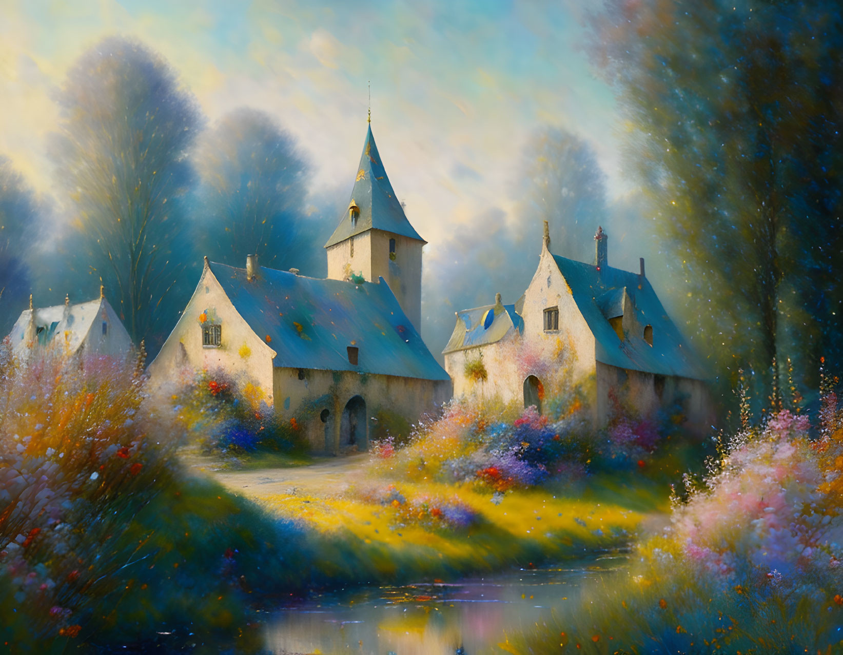 Tranquil village scene with church and wildflowers in misty setting