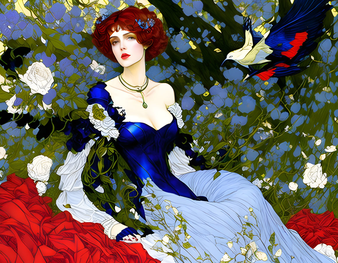 Illustrated woman in blue dress with red and white flowers and bird.