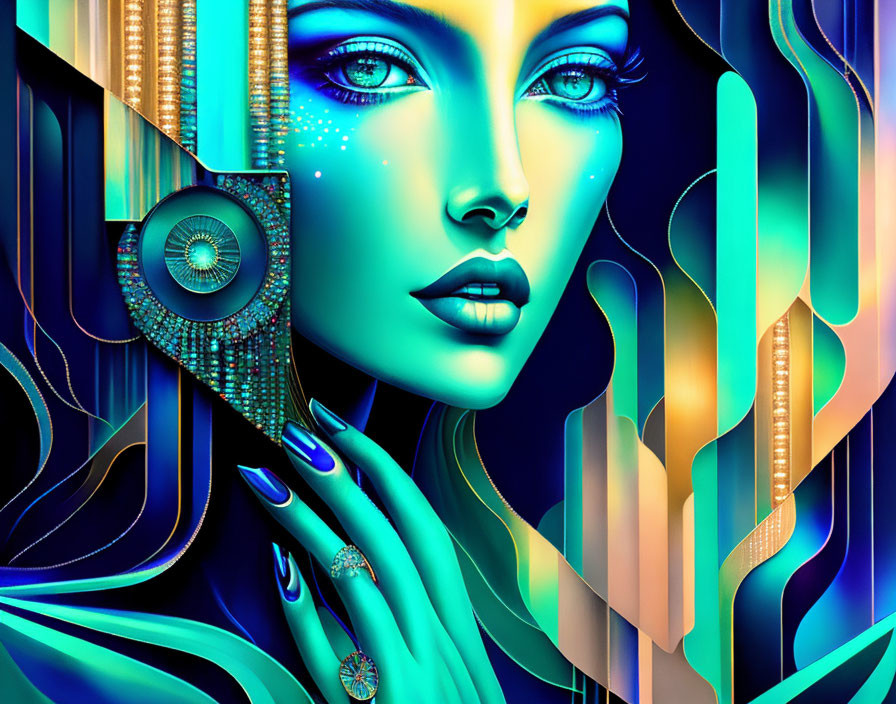 Blue-skinned woman in digital art with glowing eyes and abstract golden shapes.