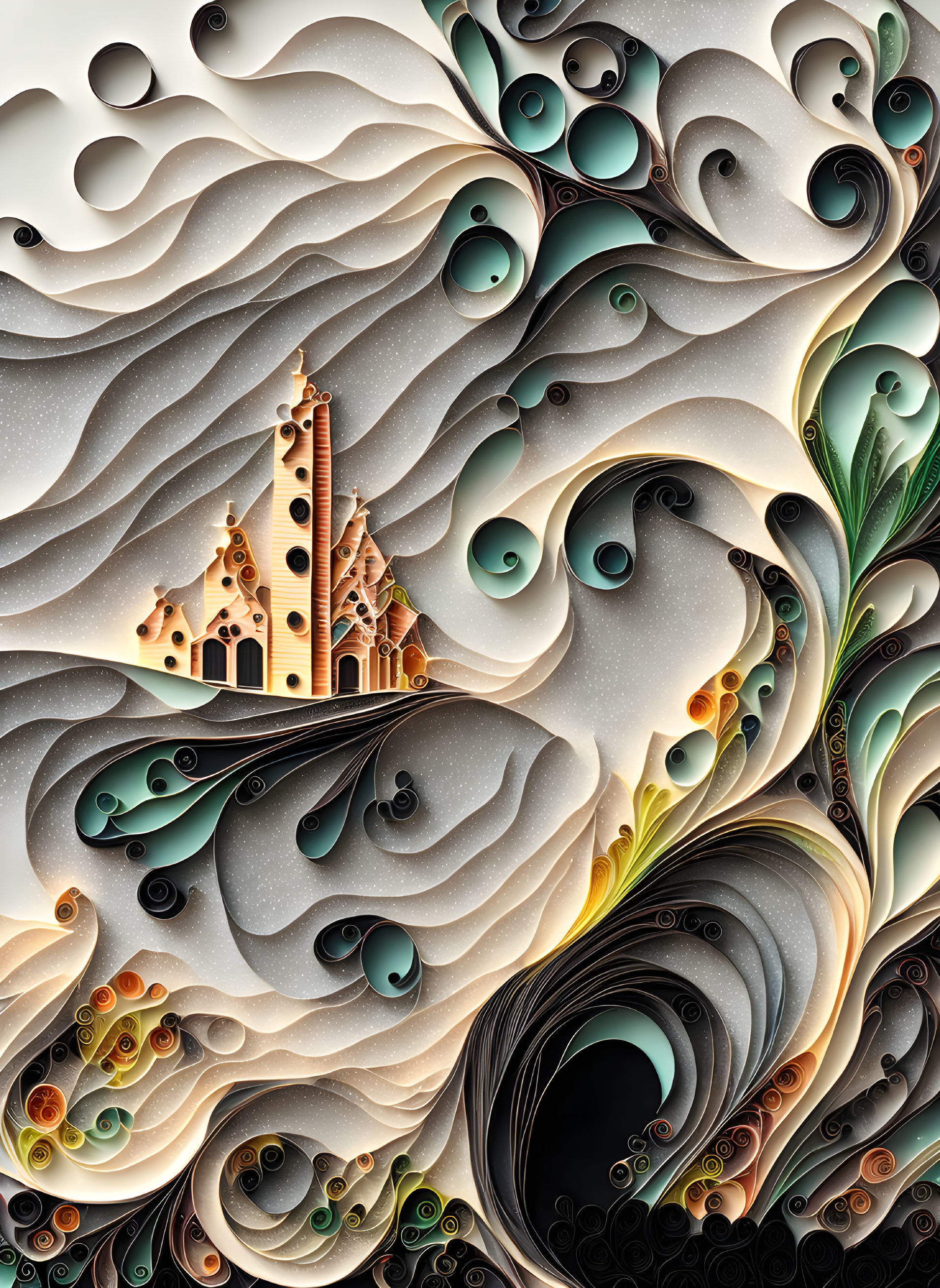 Detailed Swirls and Waves Illustration with Cathedral Tower Structure