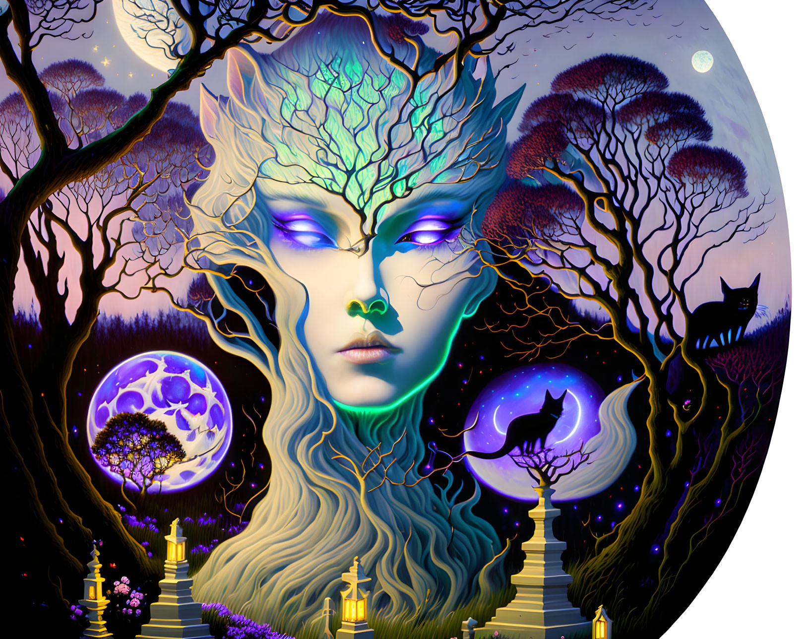 Fantasy illustration of tree-like humanoid in mystical landscape