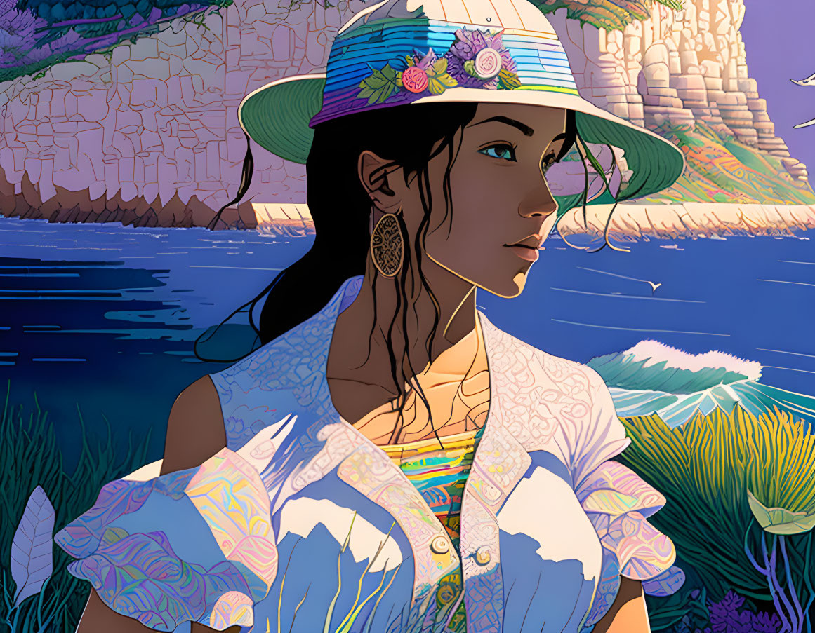 Vividly colored illustration of woman near water with cliffs