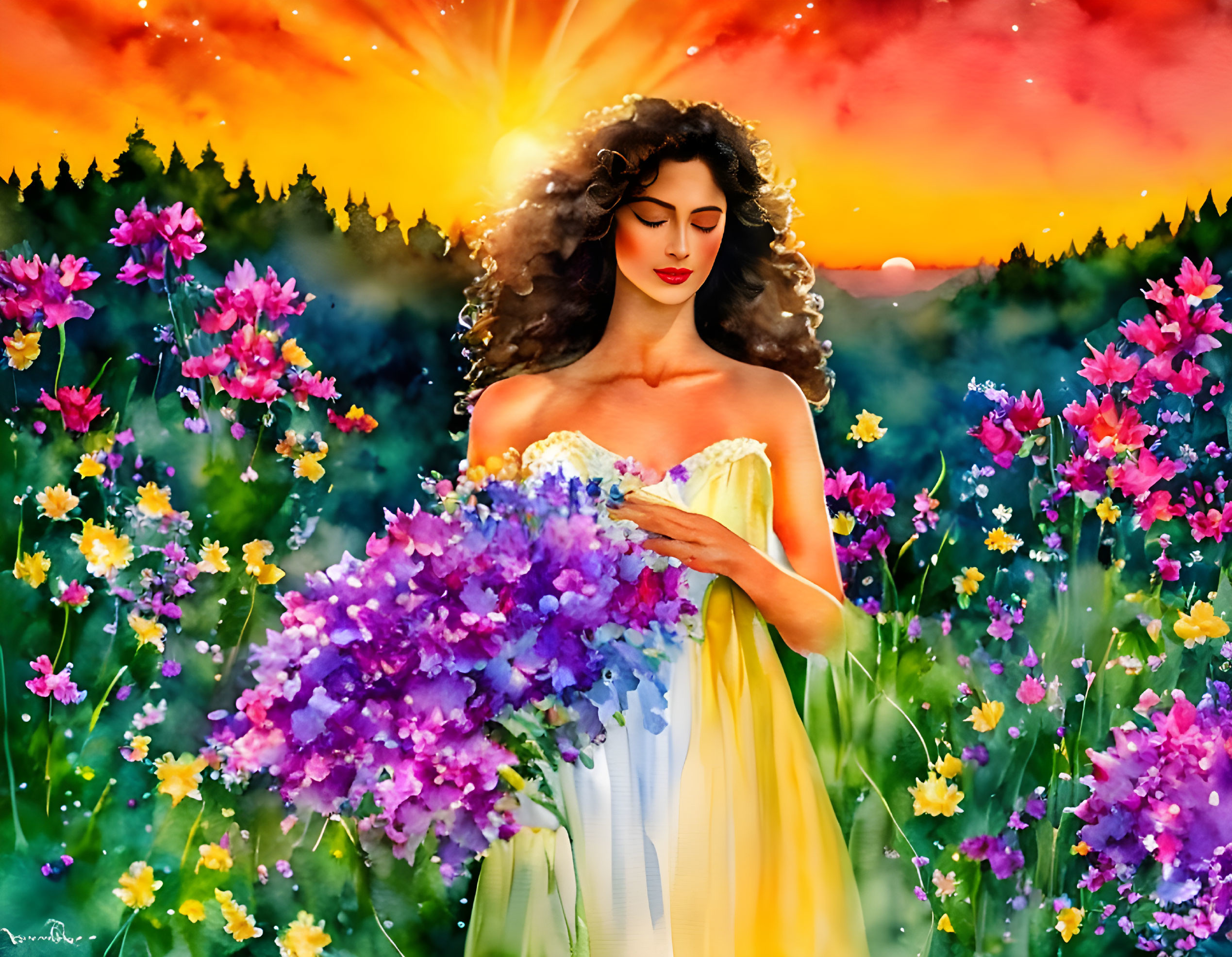 Woman with flowing hair surrounded by vibrant flowers at sunset holding a bouquet