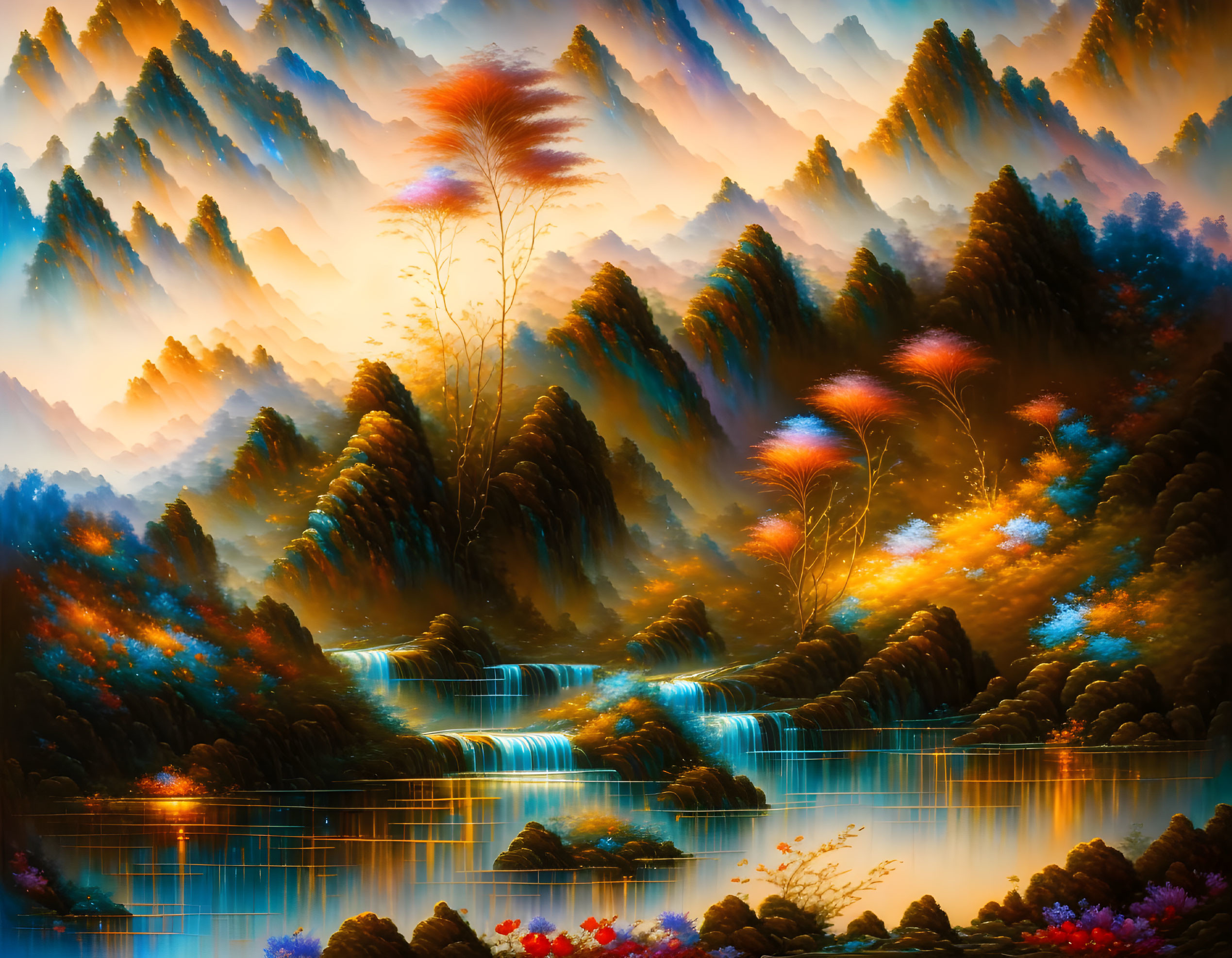 Tranquil landscape painting: misty mountains, vibrant flora, waterfalls, serene lake