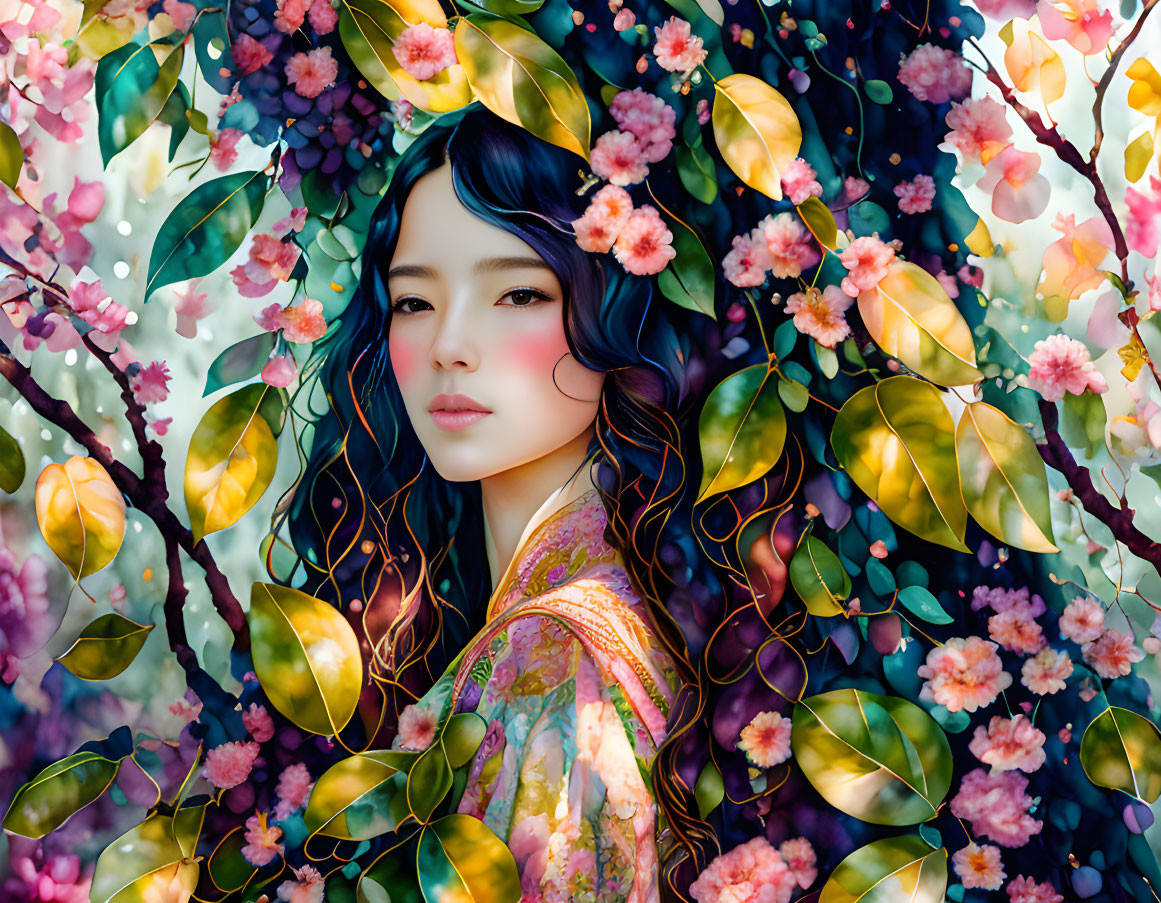 Digital Artwork: Woman with Dark Hair in Floral Setting