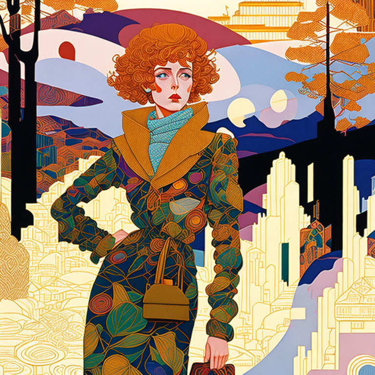 Colorful illustration of woman in patterned coat and scarf with red curly hair in abstract cityscape.