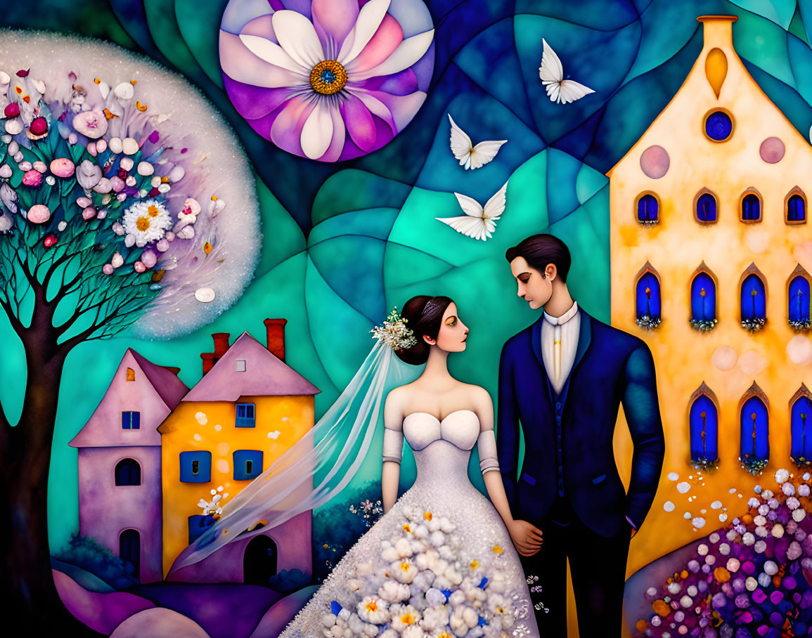 Colorful Wedding Couple Illustration Surrounded by Nature and Flowers